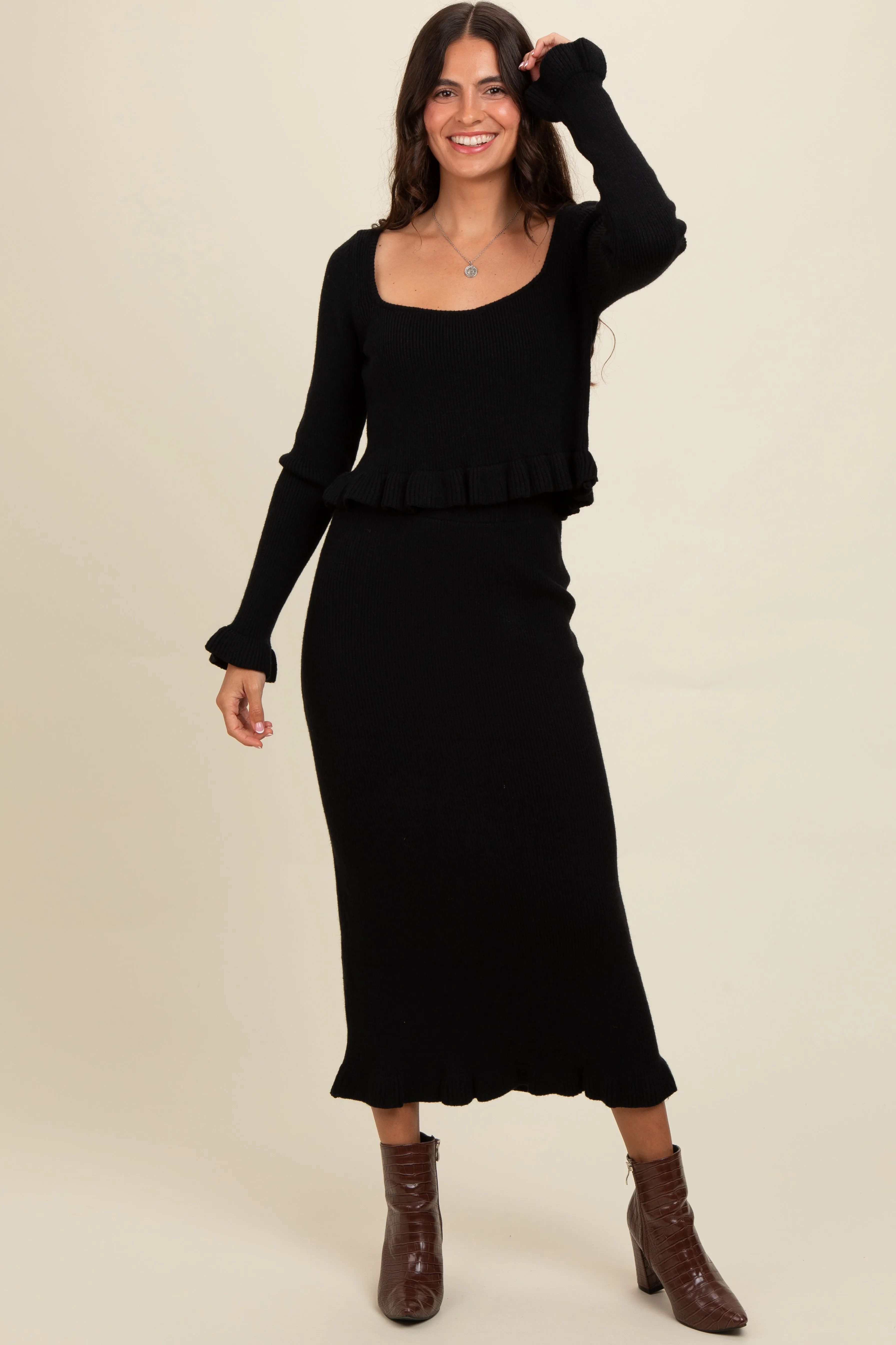 Black Ruffle Hem Knit Top And Midi Skirt Set sold by Pinkblush