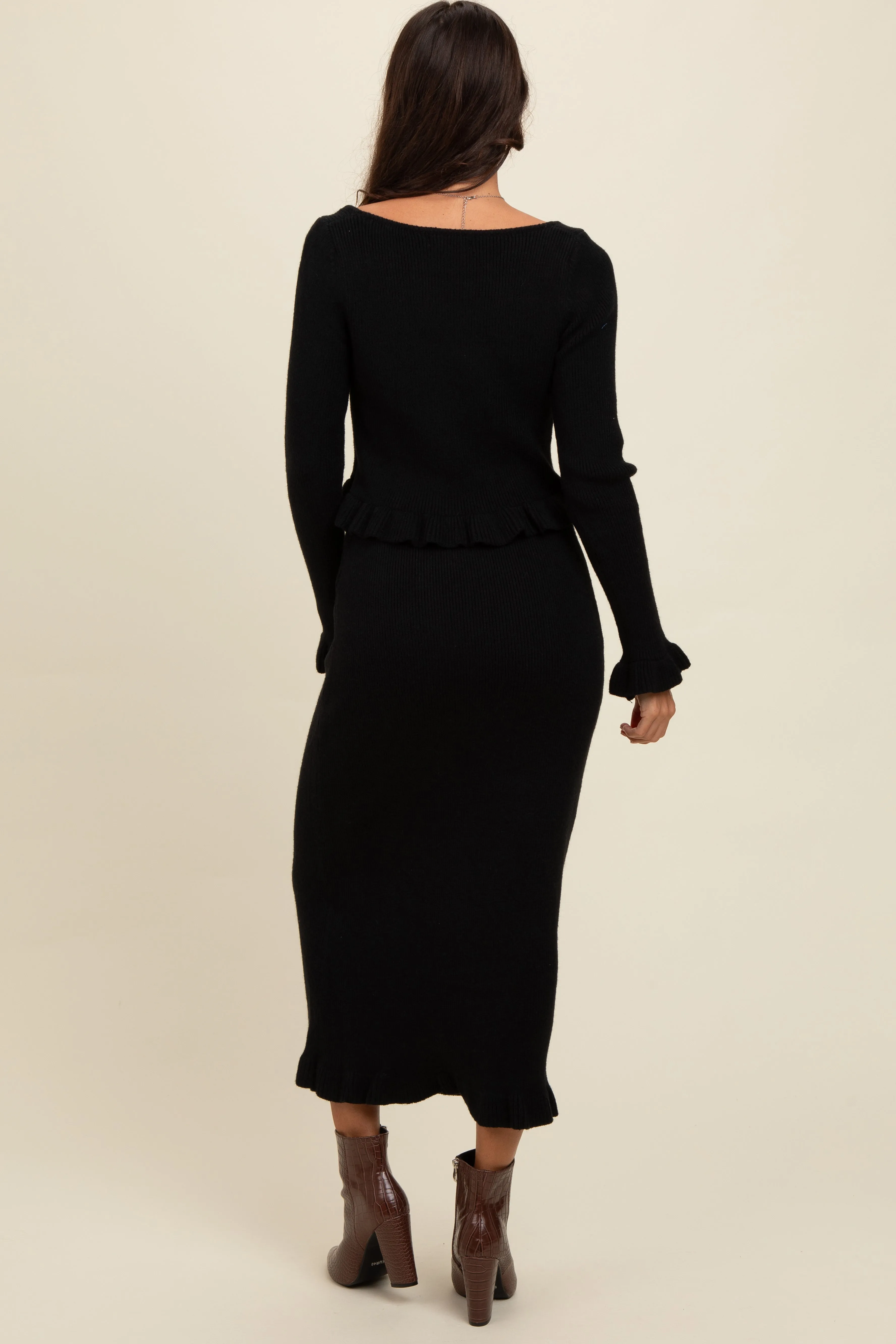 Black Ruffle Hem Knit Top And Midi Skirt Set sold by Pinkblush product image thumbnail 3