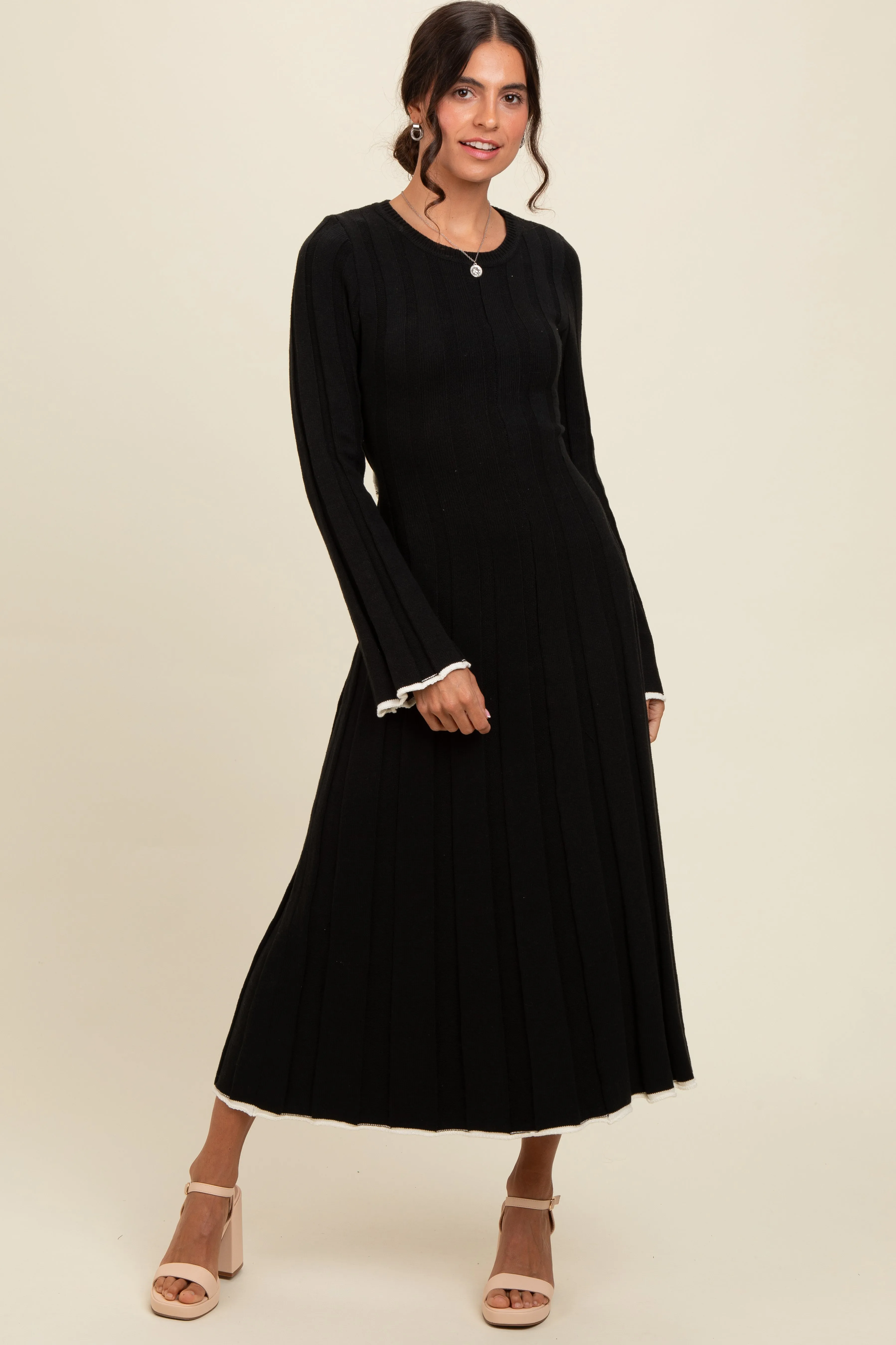 Black Sweater Knit Bell Sleeve Back Cutout Maxi Dress sold by Pinkblush