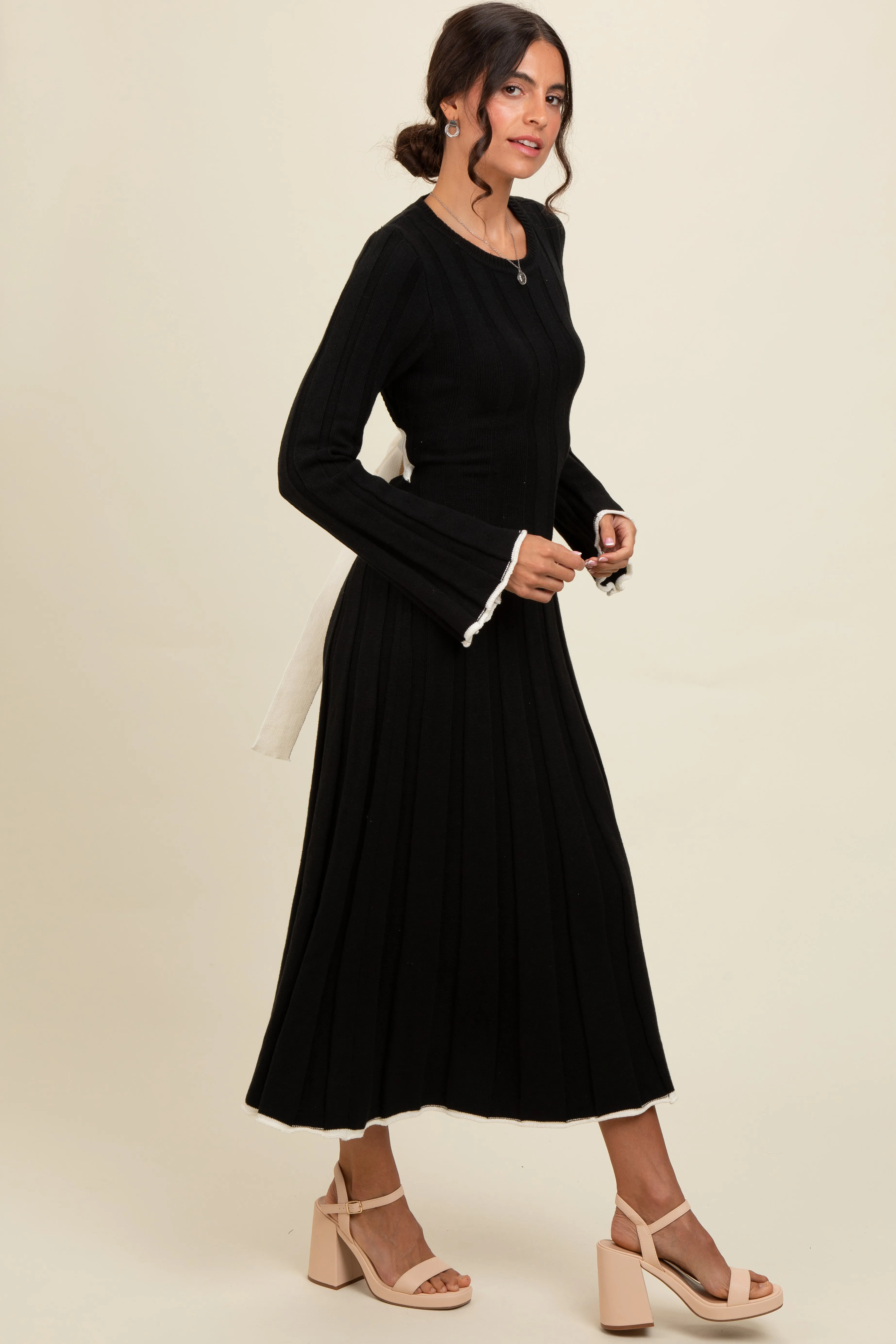 Black Sweater Knit Bell Sleeve Back Cutout Maxi Dress sold by Pinkblush product image thumbnail 2