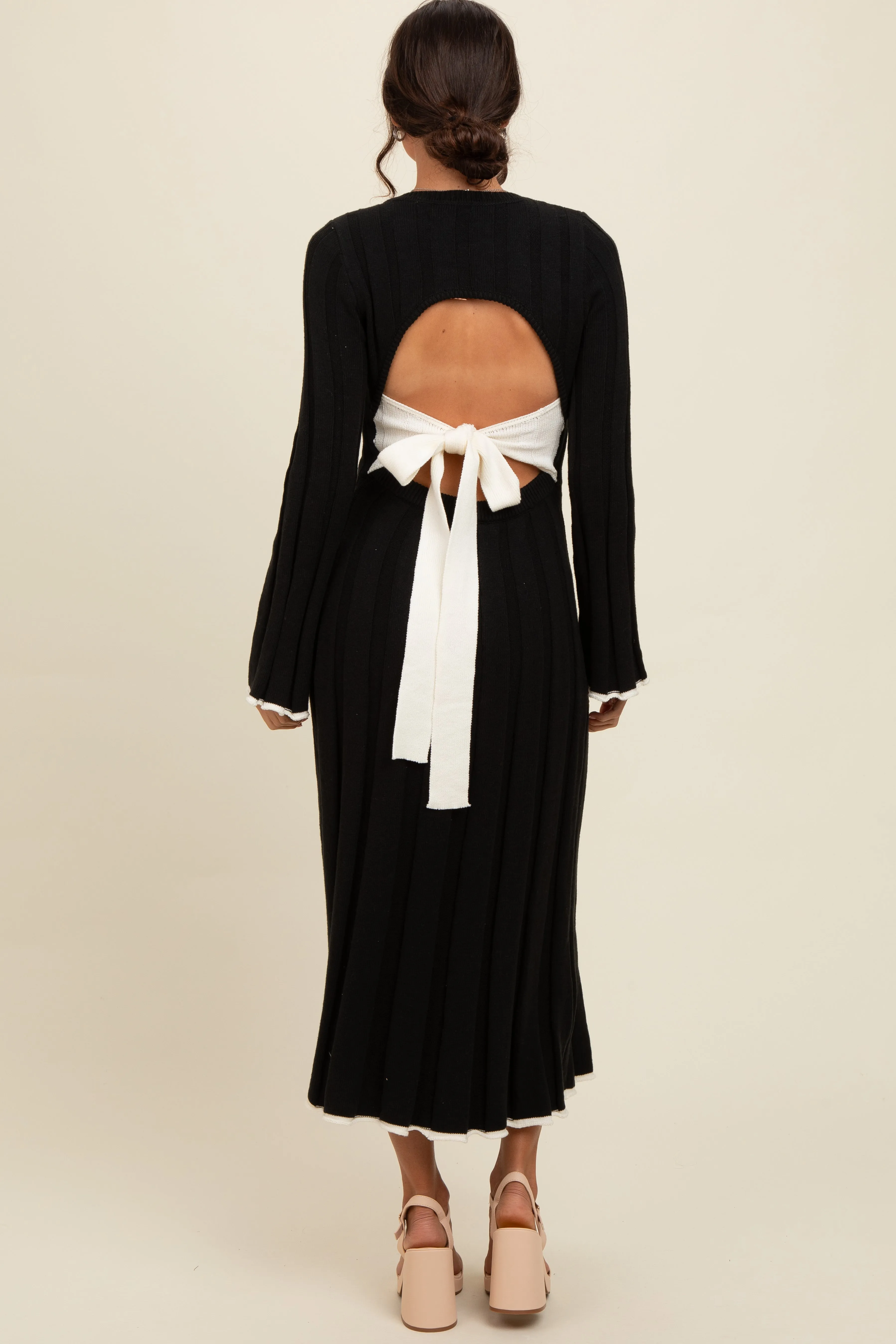 Black Sweater Knit Bell Sleeve Back Cutout Maxi Dress sold by Pinkblush product image thumbnail 3