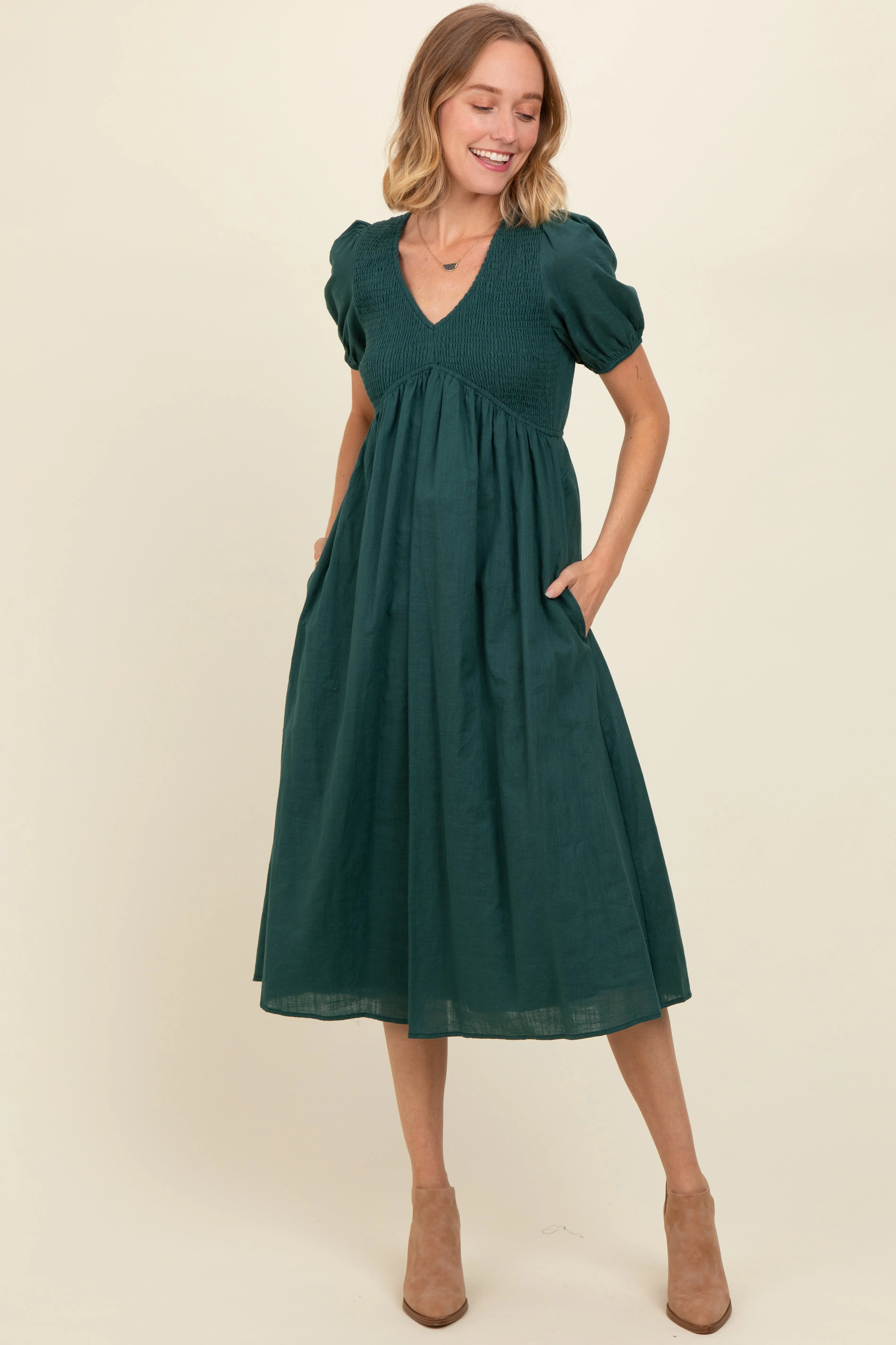 Green Smocked V-Neck Puff Sleeve Midi Dress sold by Pinkblush