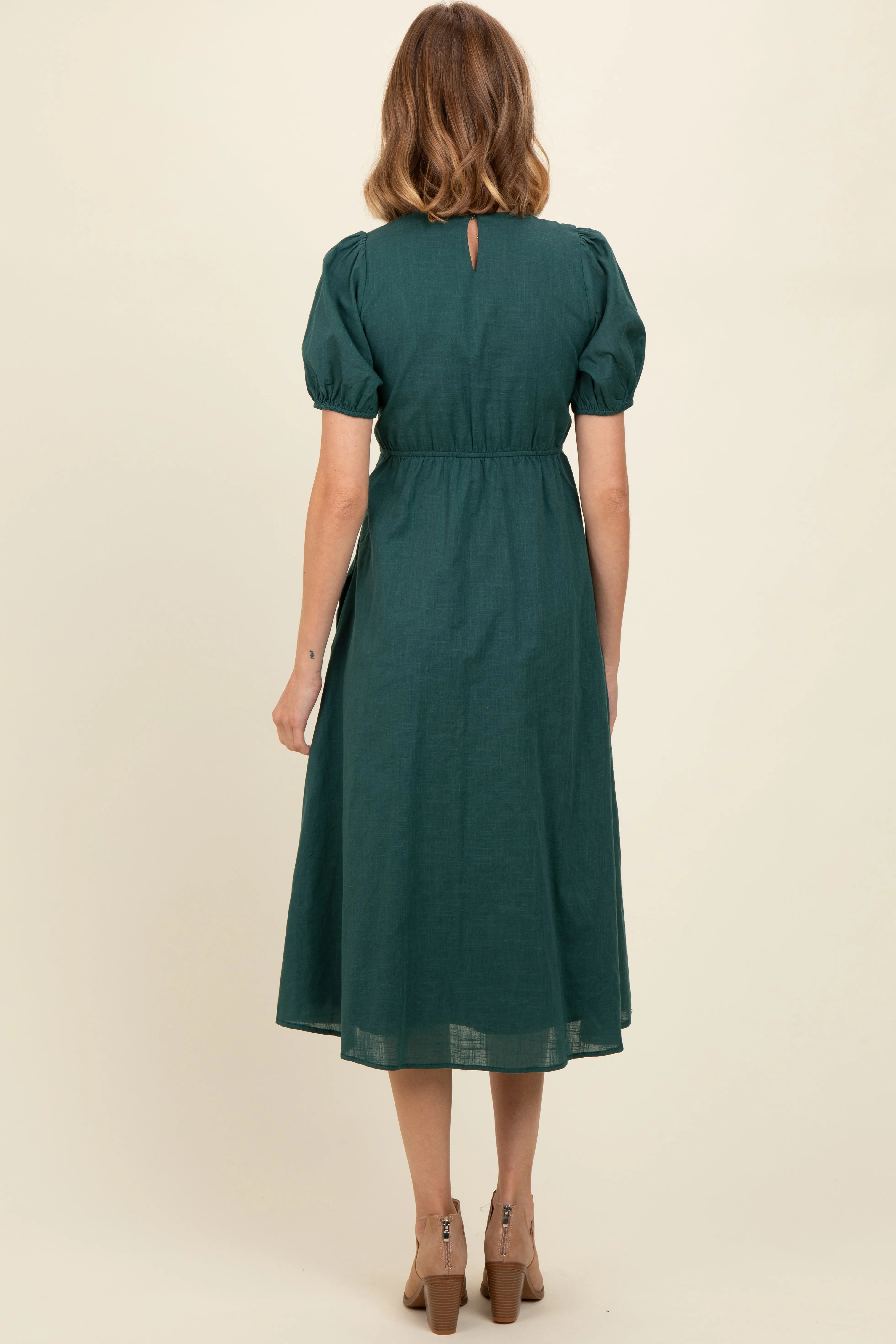 Green Smocked V-Neck Puff Sleeve Midi Dress sold by Pinkblush product image thumbnail 2