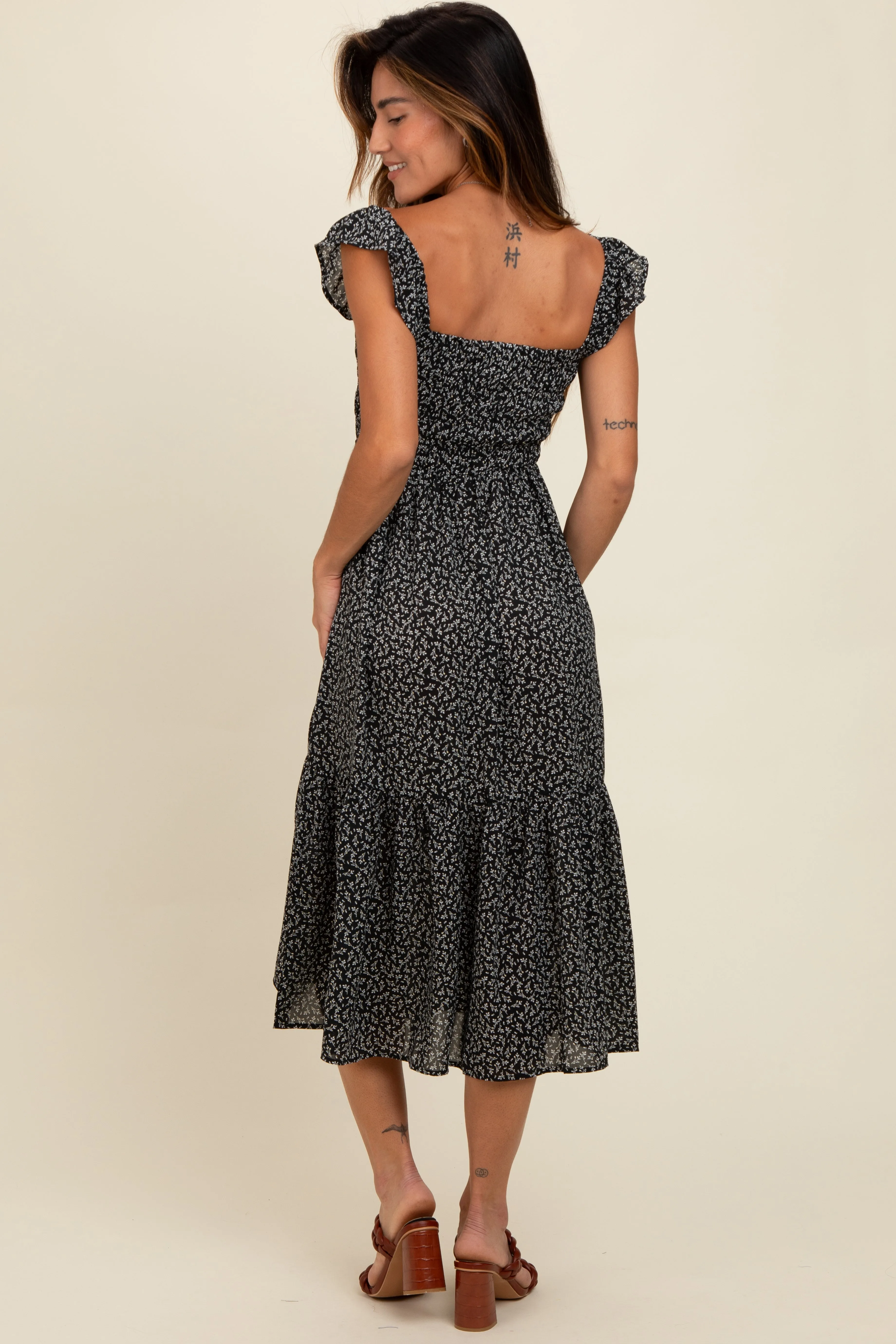 Black Ruffle Strap Smocked Mid Dress sold by Pinkblush product image thumbnail 4