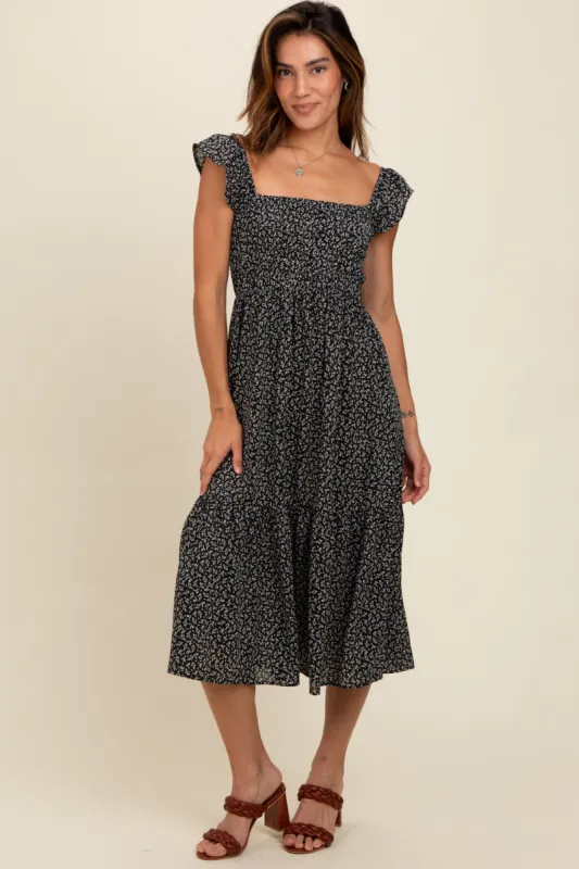 Black Ruffle Strap Smocked Mid Dress sold by Pinkblush