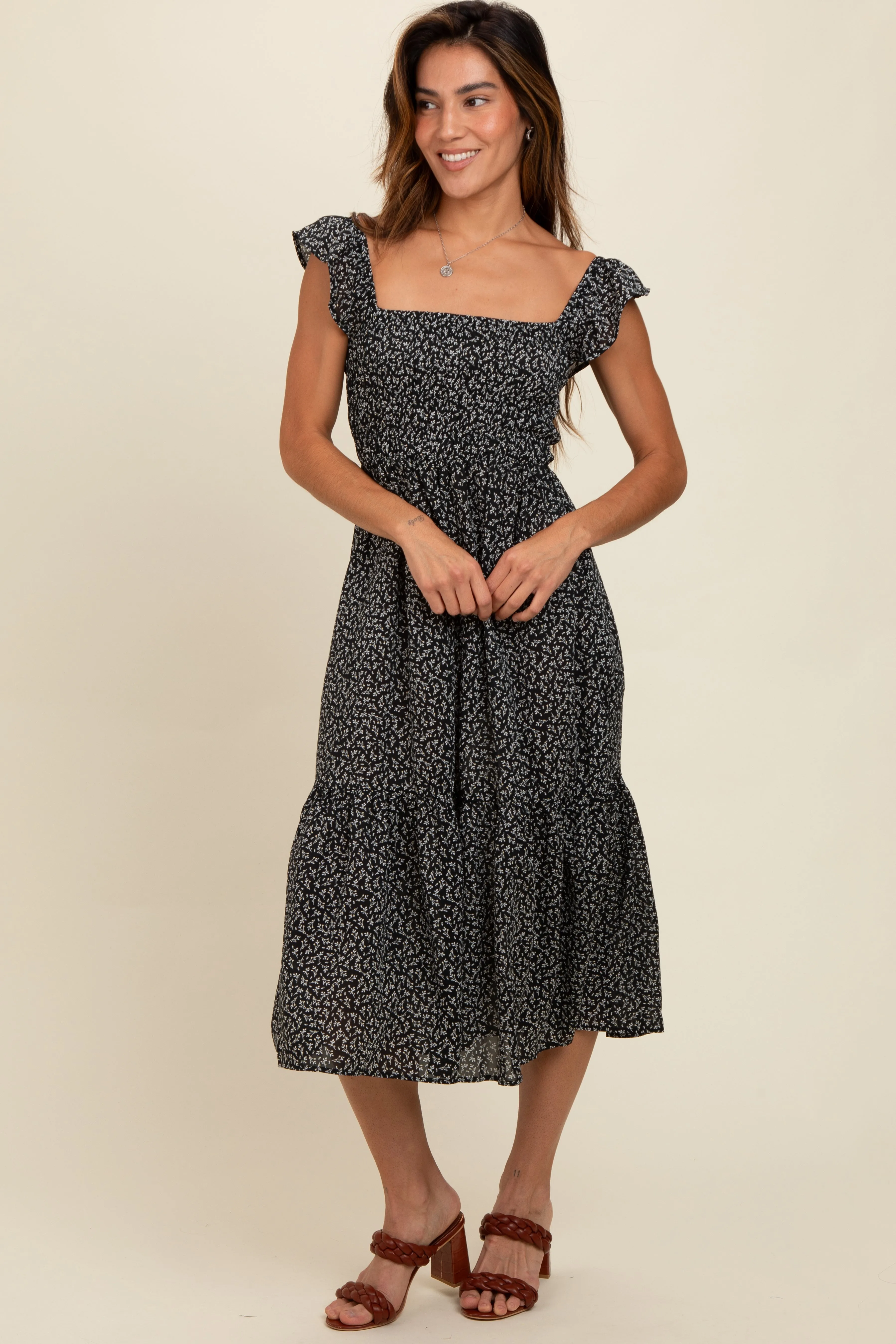 Black Ruffle Strap Smocked Mid Dress sold by Pinkblush product image thumbnail 2