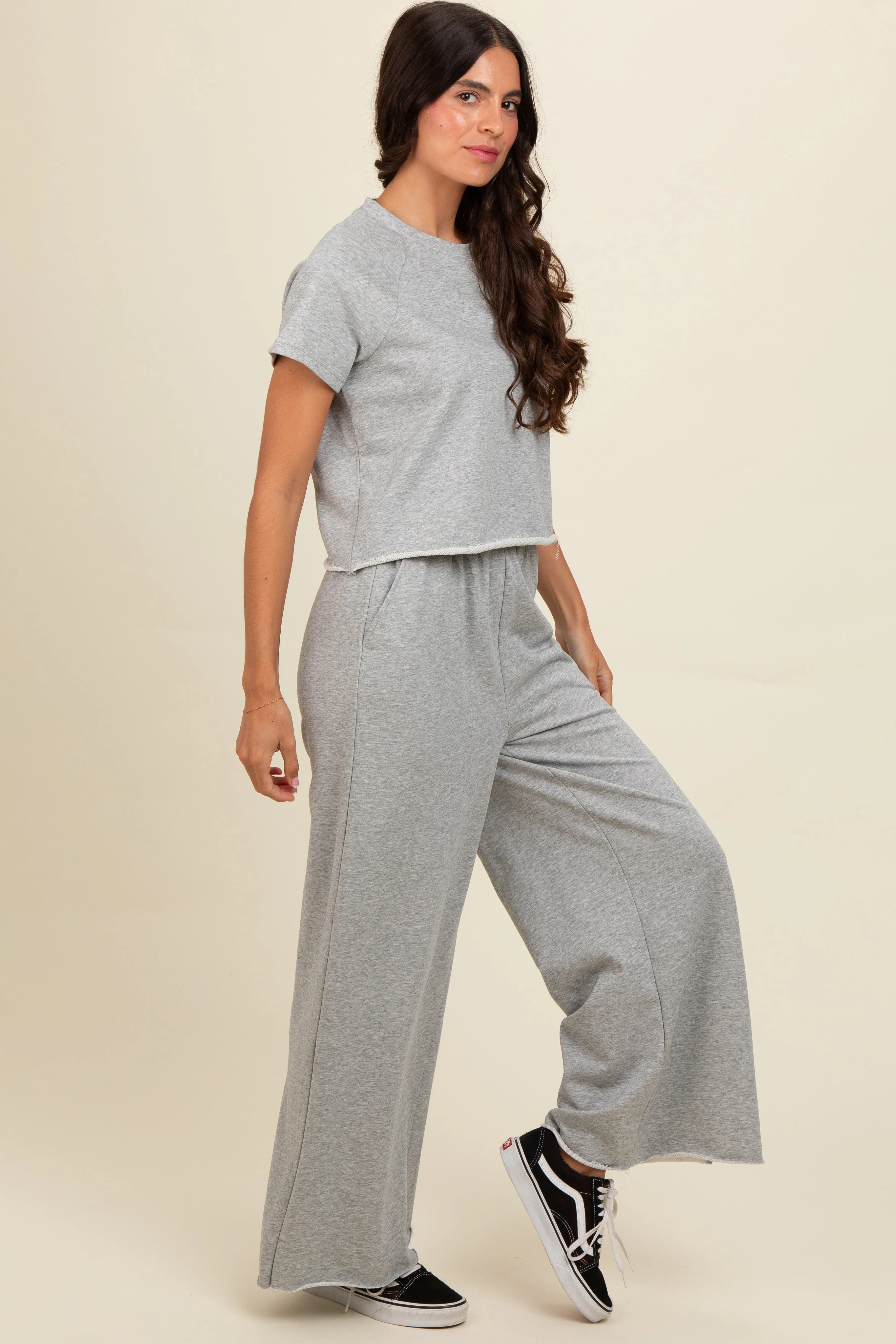 Heather Grey Basic Tee And Wide Leg Pant Set sold by Pinkblush