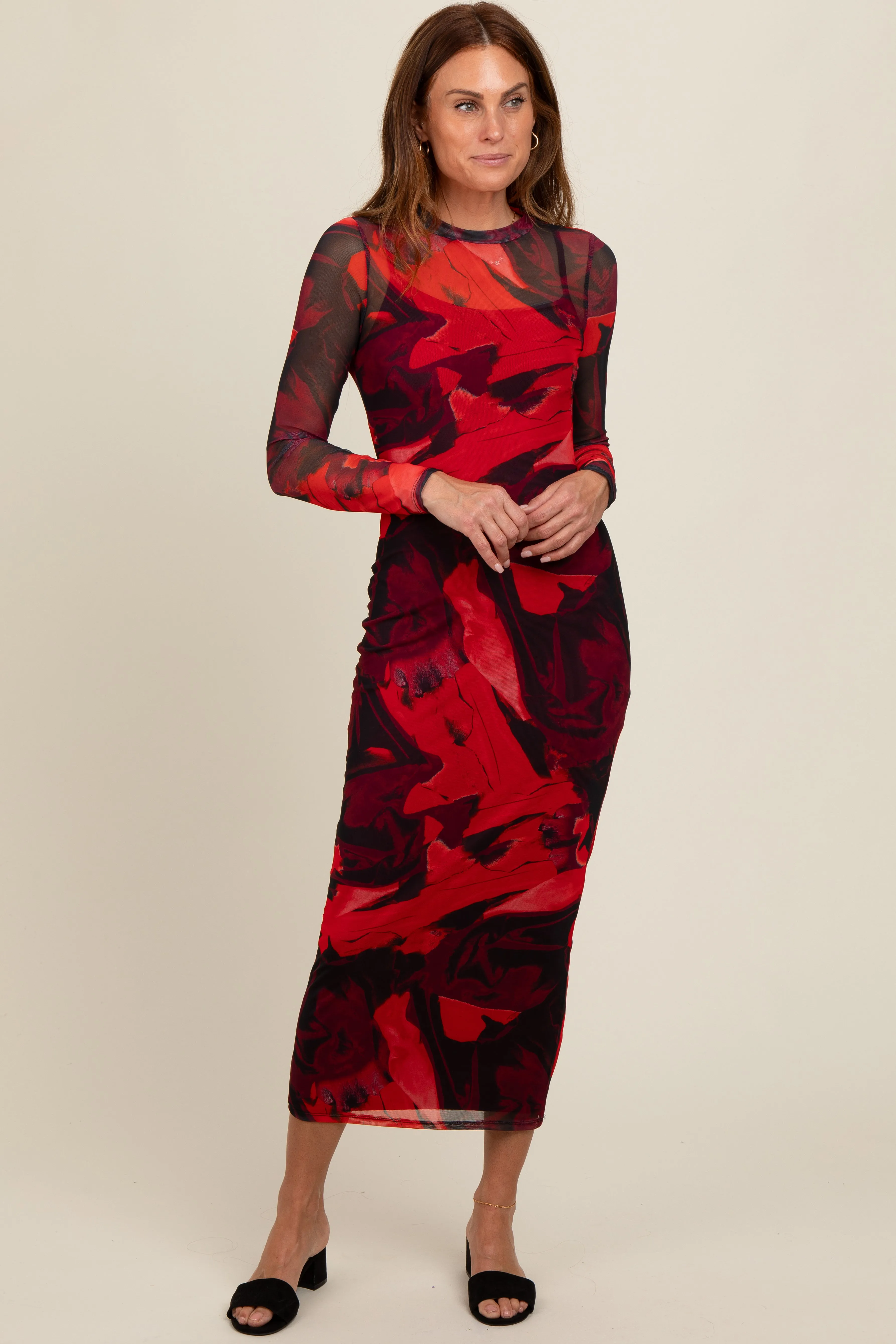 Burgundy Abstract Print Mesh Maxi Dress sold by Pinkblush product image thumbnail 4