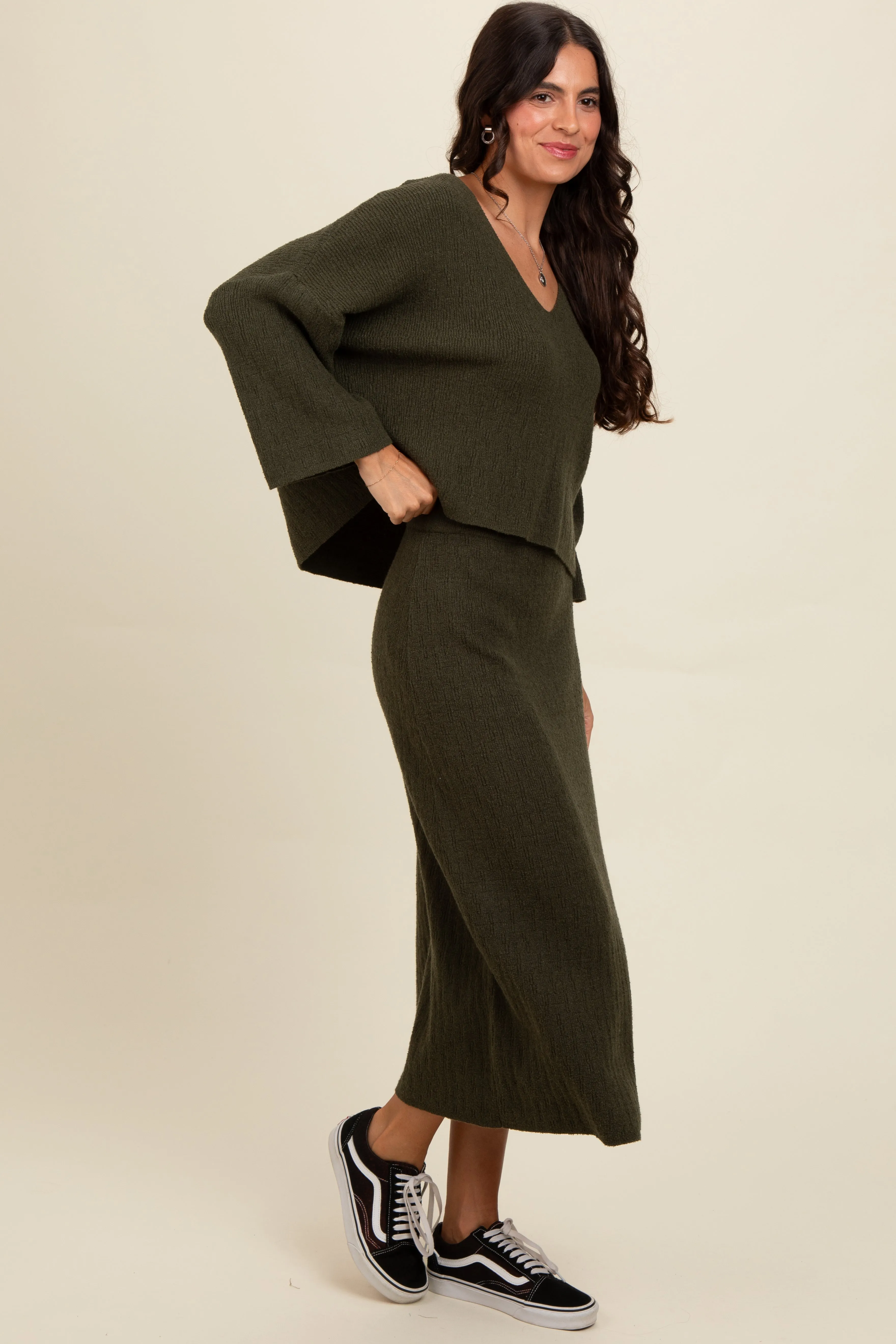 Forest Green Textured Knit Top And Midi Skirt Set sold by Pinkblush product image thumbnail 4