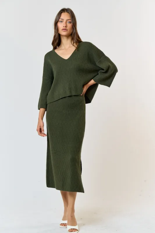Forest Green Textured Knit Top And Midi Skirt Set sold by Pinkblush
