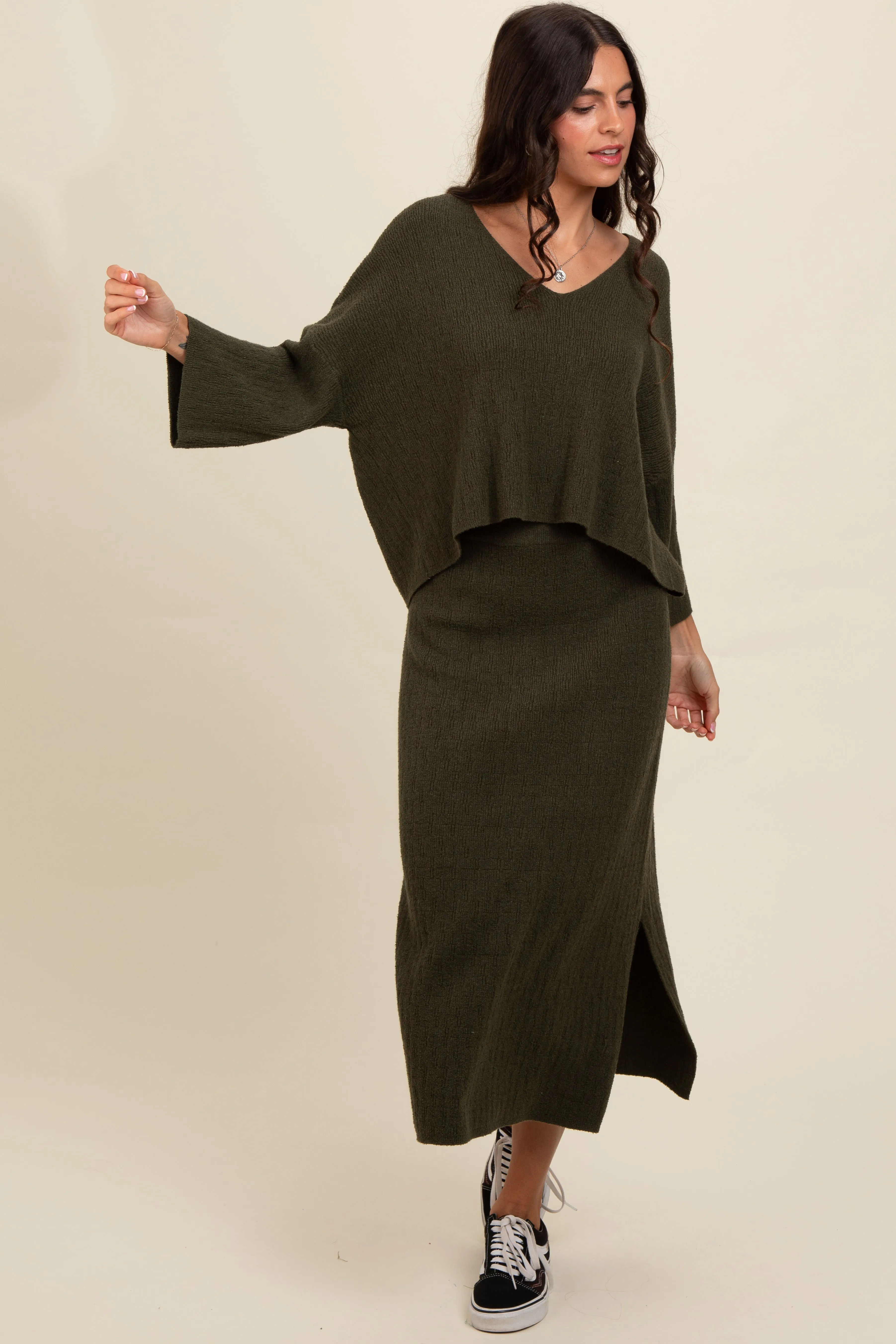 Forest Green Textured Knit Top And Midi Skirt Set sold by Pinkblush product image thumbnail 2