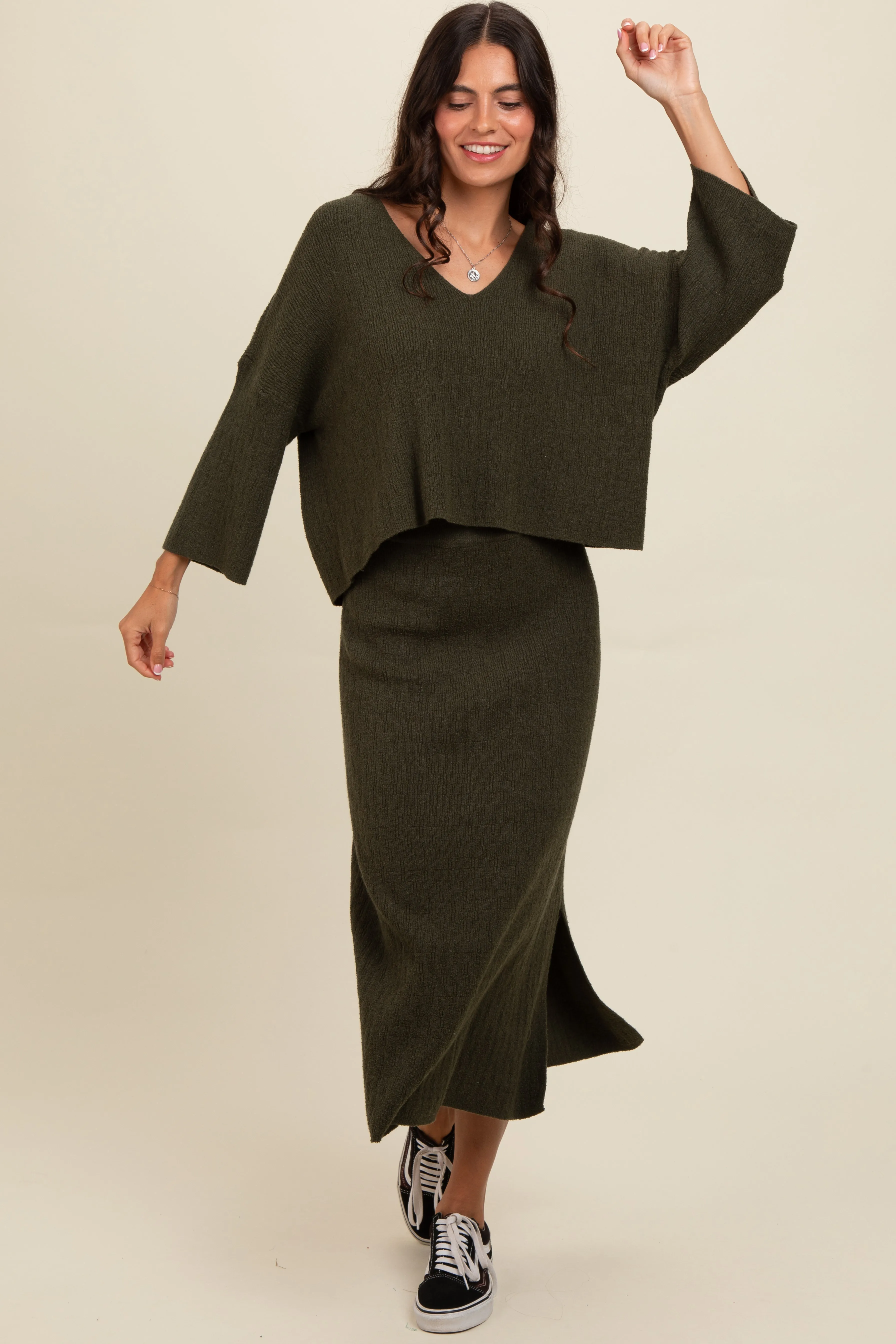 Forest Green Textured Knit Top And Midi Skirt Set sold by Pinkblush product image thumbnail 3