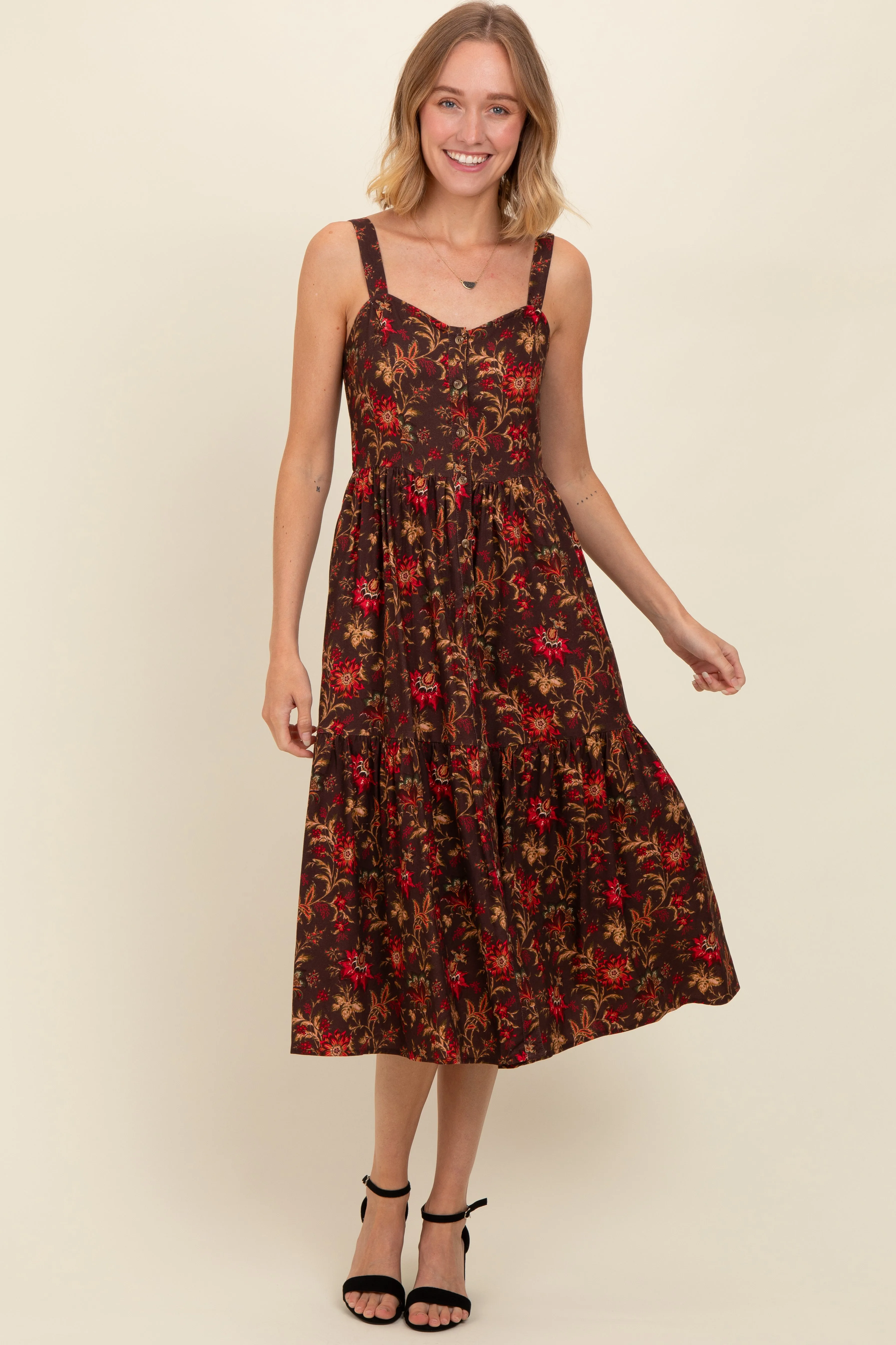 Brown Floral Sweetheart Neck Button Down Midi Dress sold by Pinkblush product image thumbnail 4