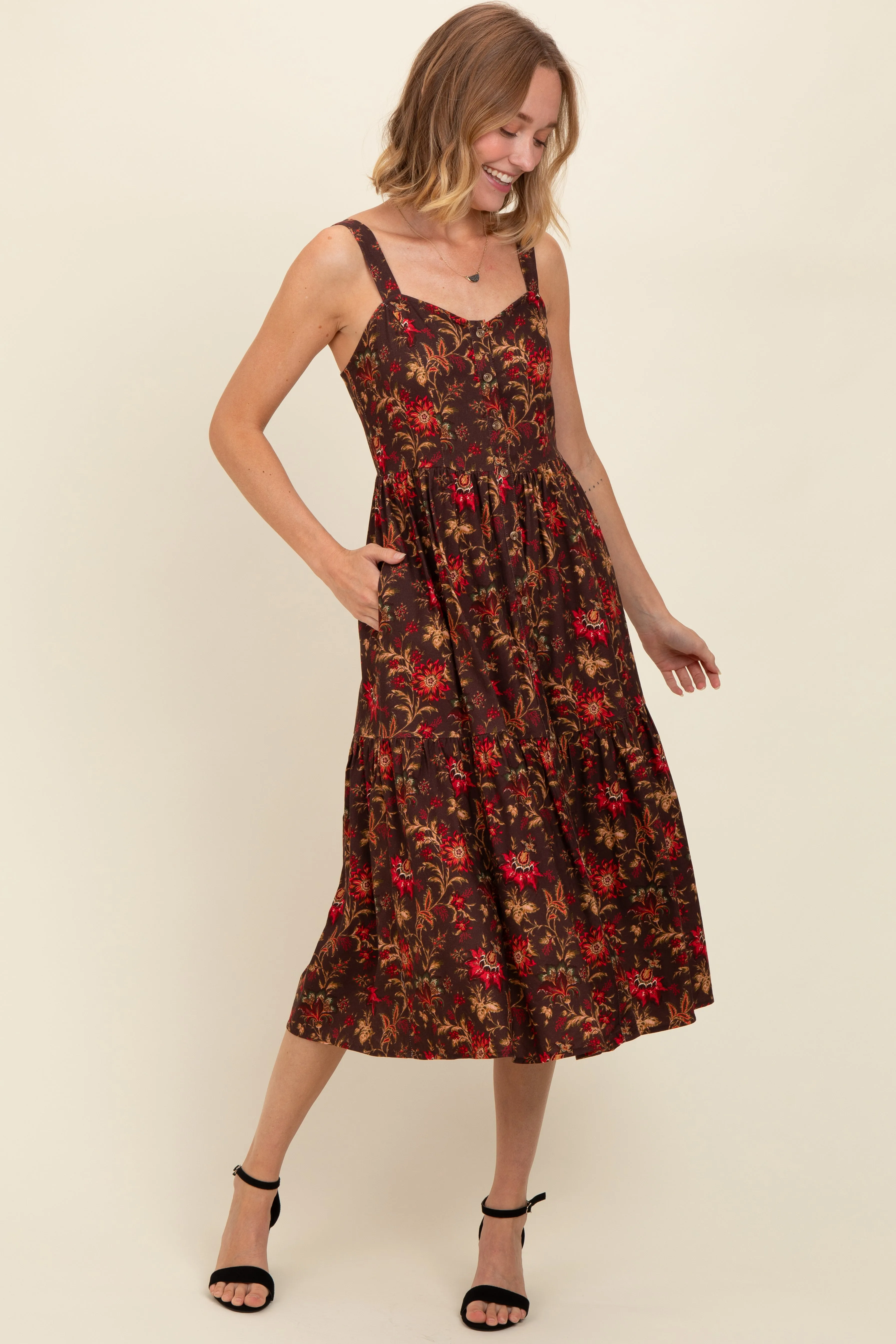 Brown Floral Sweetheart Neck Button Down Midi Dress sold by Pinkblush
