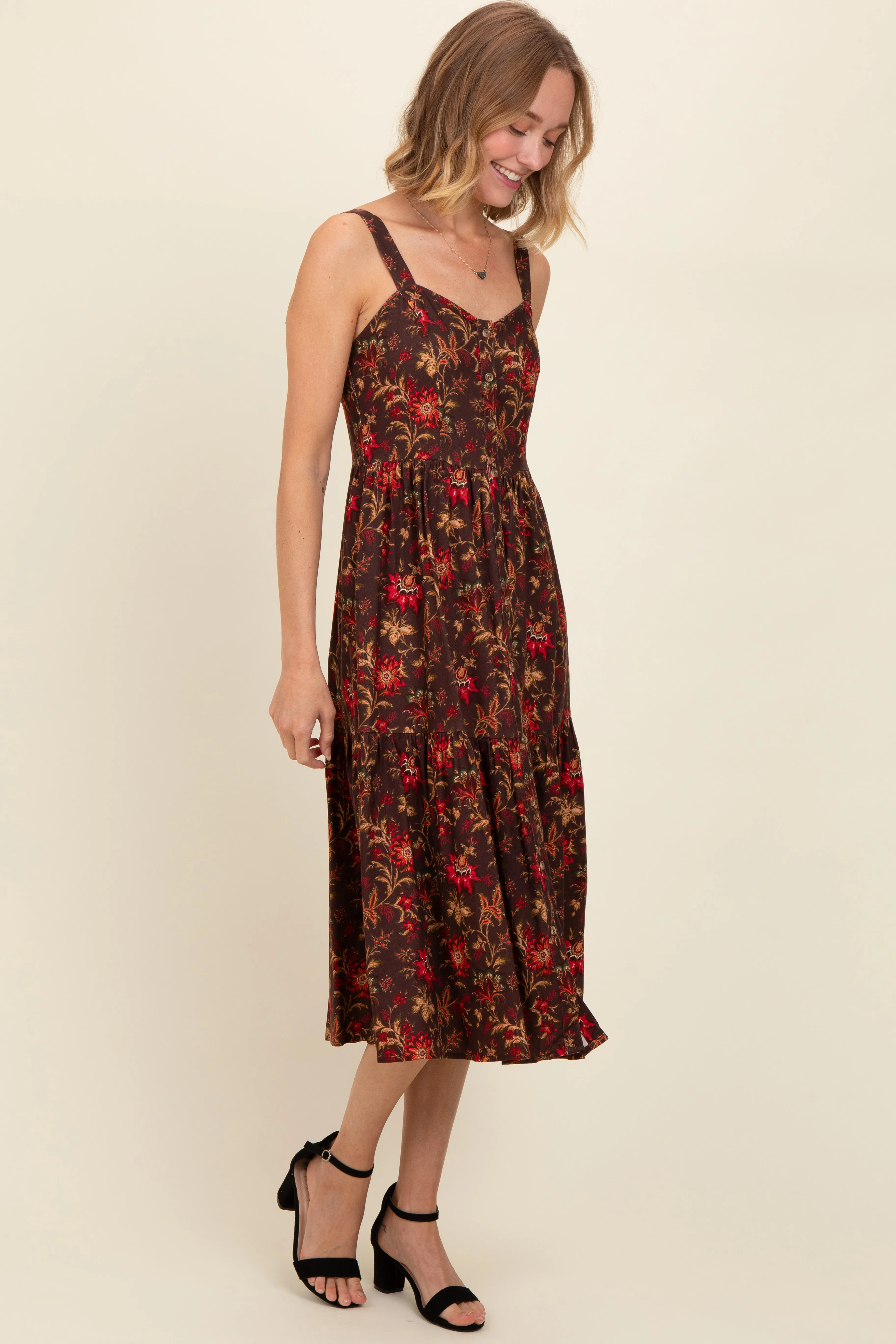 Brown Floral Sweetheart Neck Button Down Midi Dress sold by Pinkblush product image thumbnail 2
