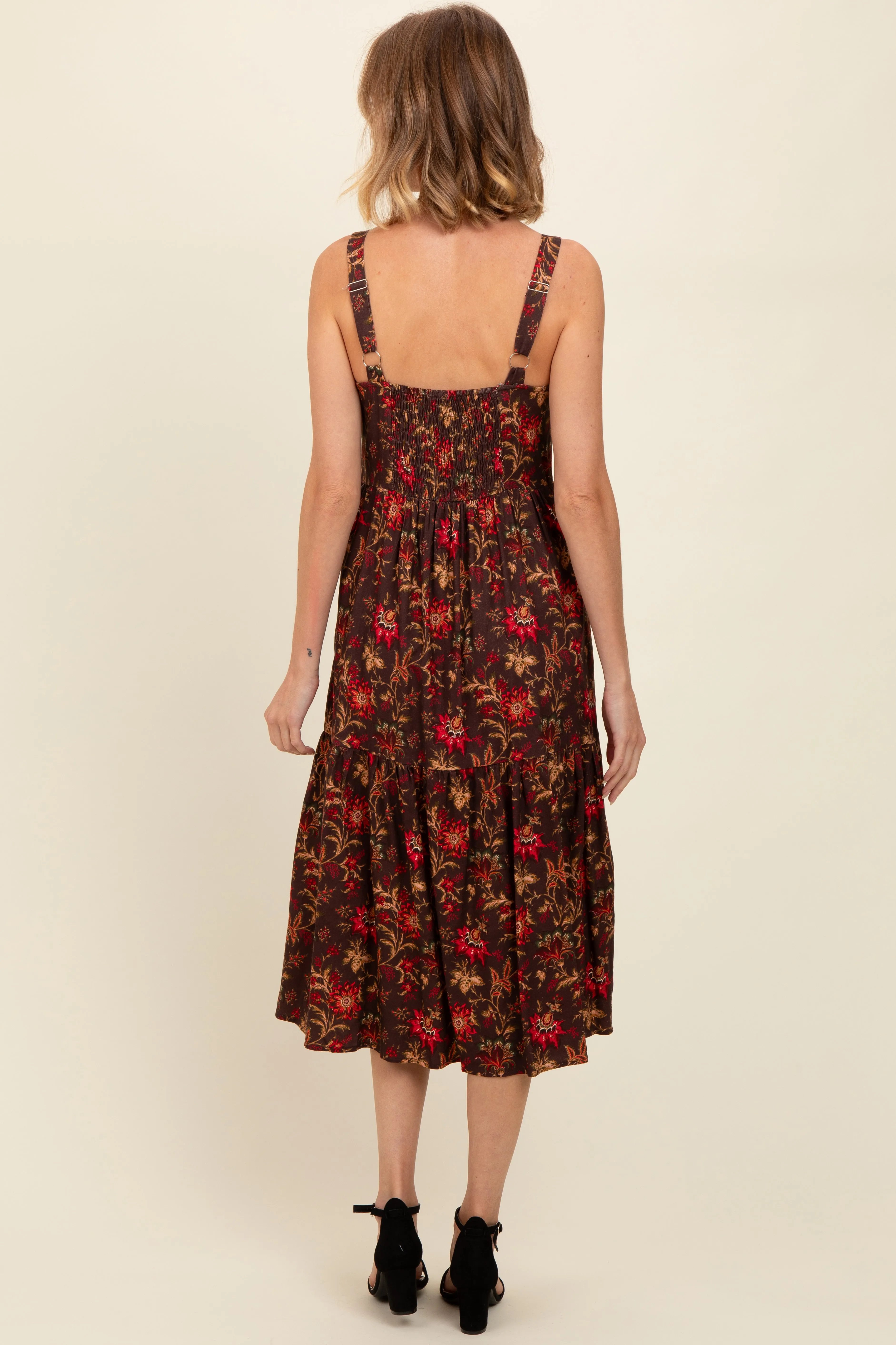 Brown Floral Sweetheart Neck Button Down Midi Dress sold by Pinkblush product image thumbnail 3