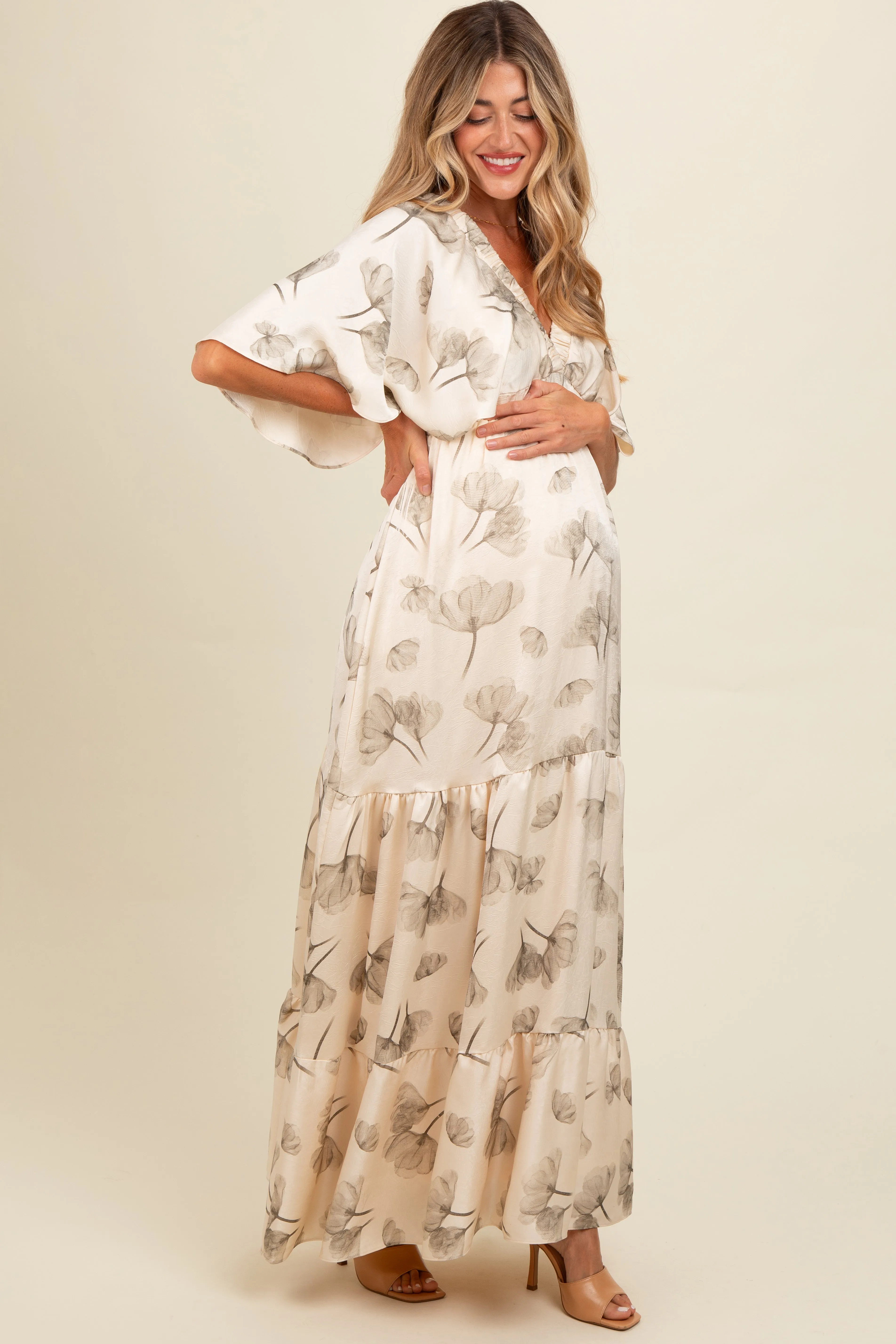 Cream Floral Deep V-Neck Maternity Maxi Dress sold by Pinkblush product image thumbnail 3