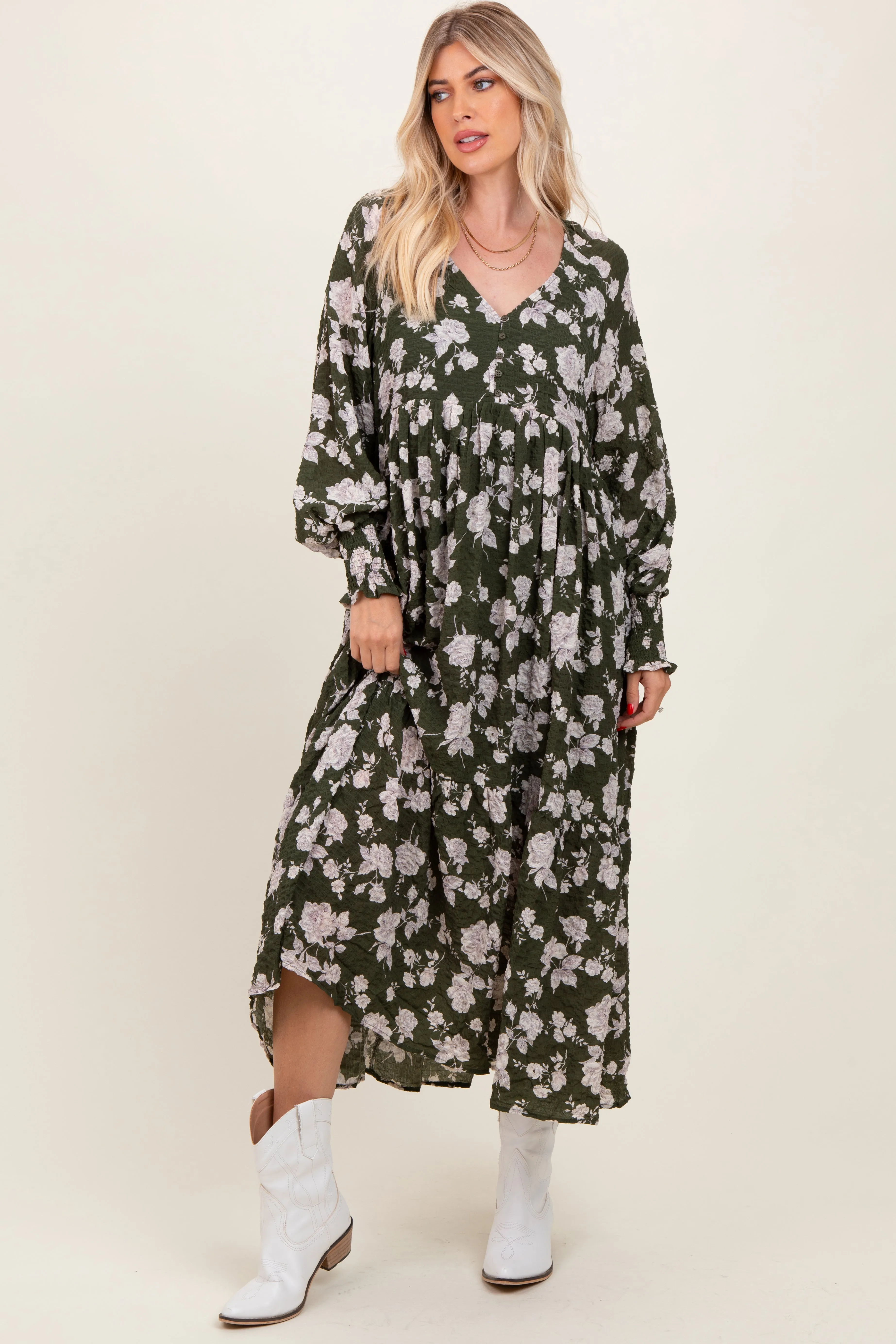 Olive Floral Textured Bubble Sleeve Maternity Maxi Dress sold by Pinkblush product image thumbnail 4