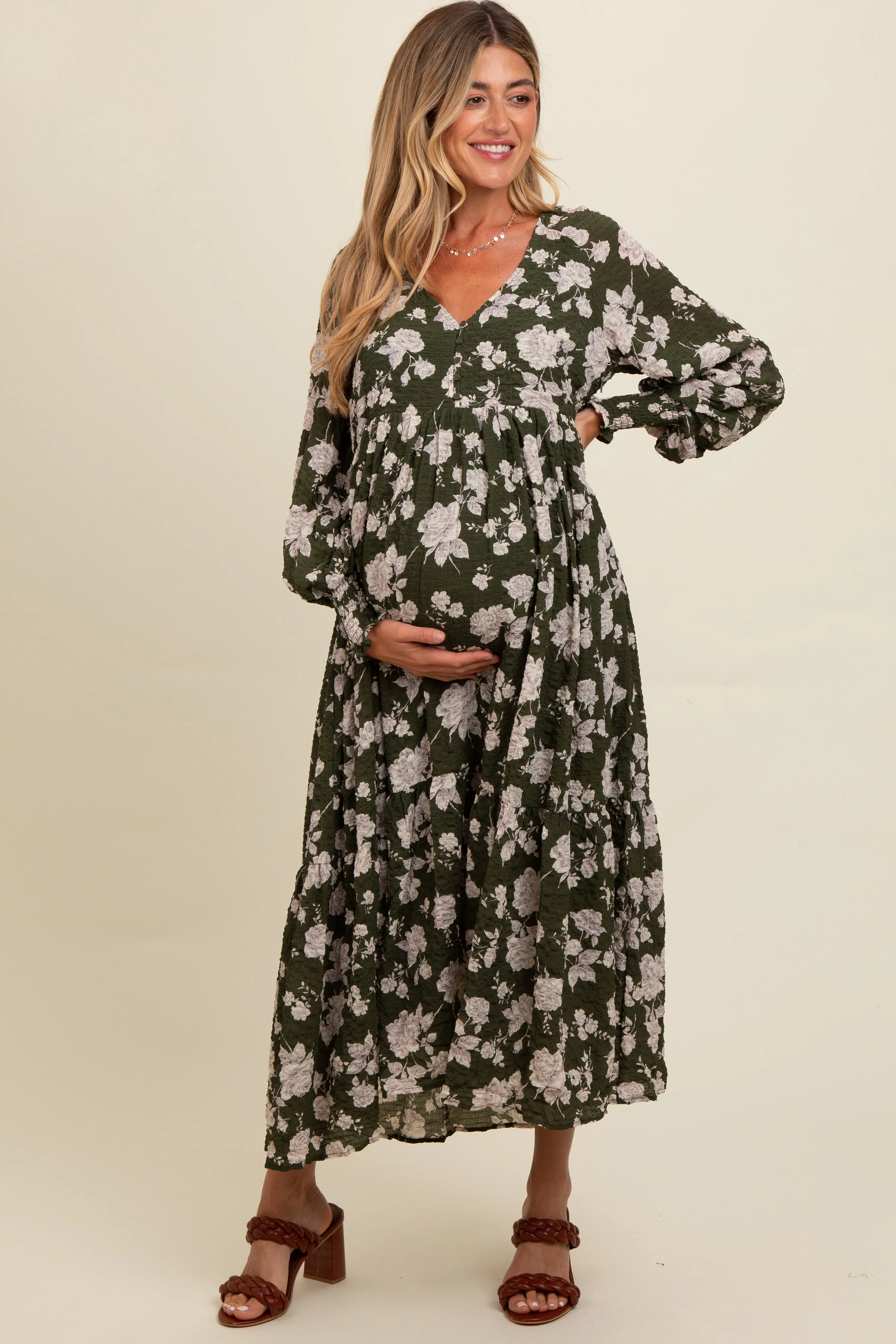 Olive Floral Textured Bubble Sleeve Maternity Maxi Dress sold by Pinkblush