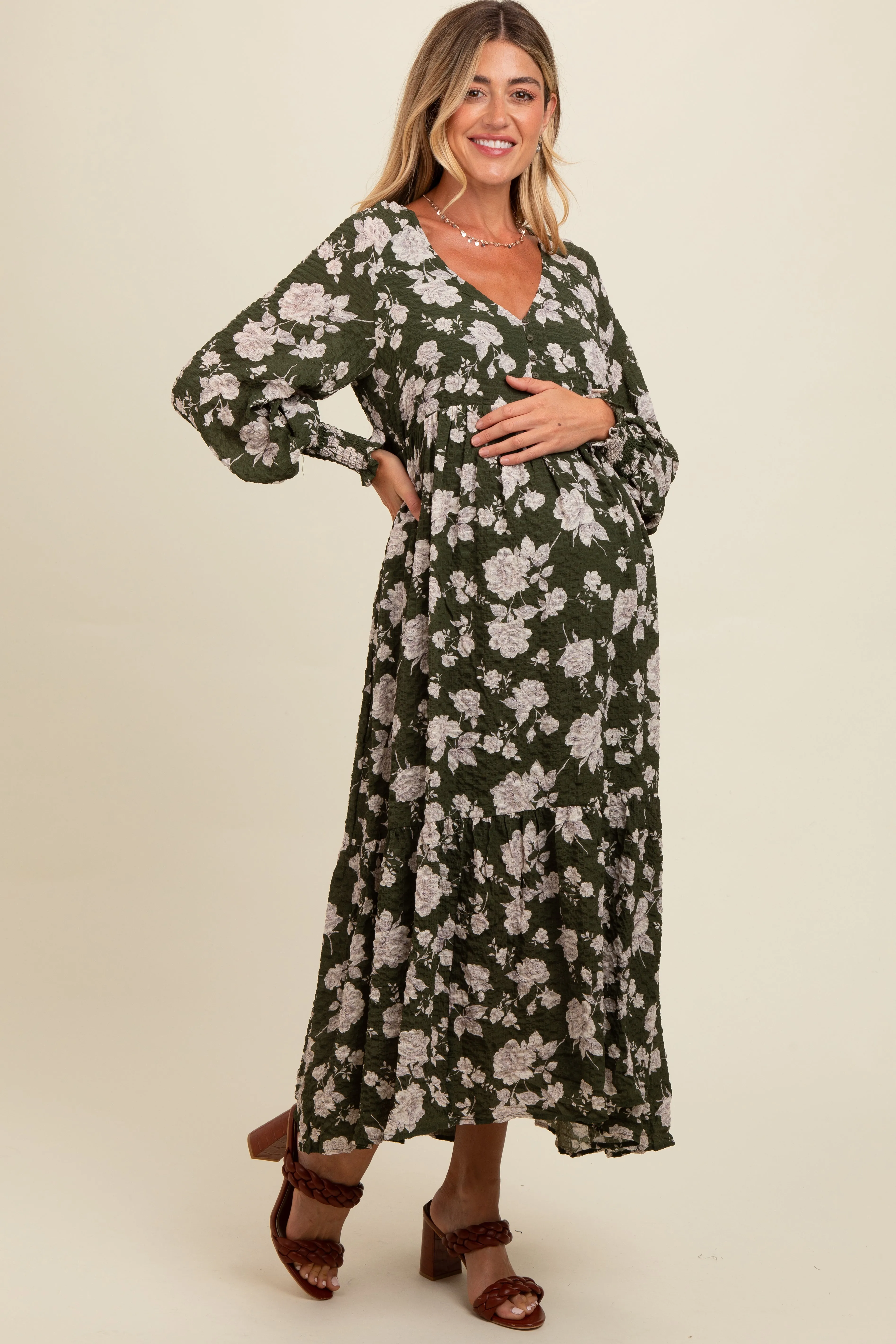 Olive Floral Textured Bubble Sleeve Maternity Maxi Dress sold by Pinkblush product image thumbnail 2