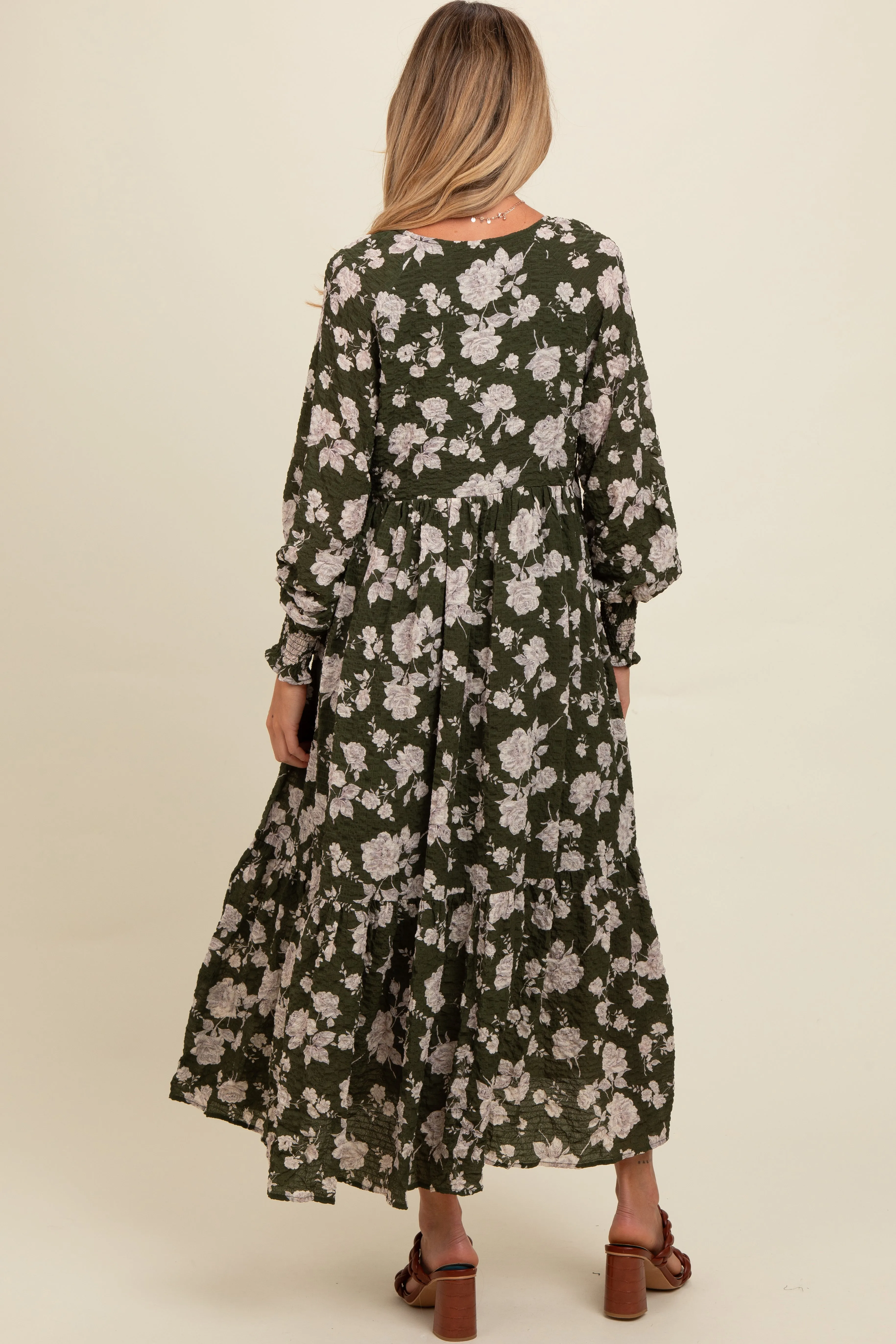 Olive Floral Textured Bubble Sleeve Maternity Maxi Dress sold by Pinkblush product image thumbnail 3