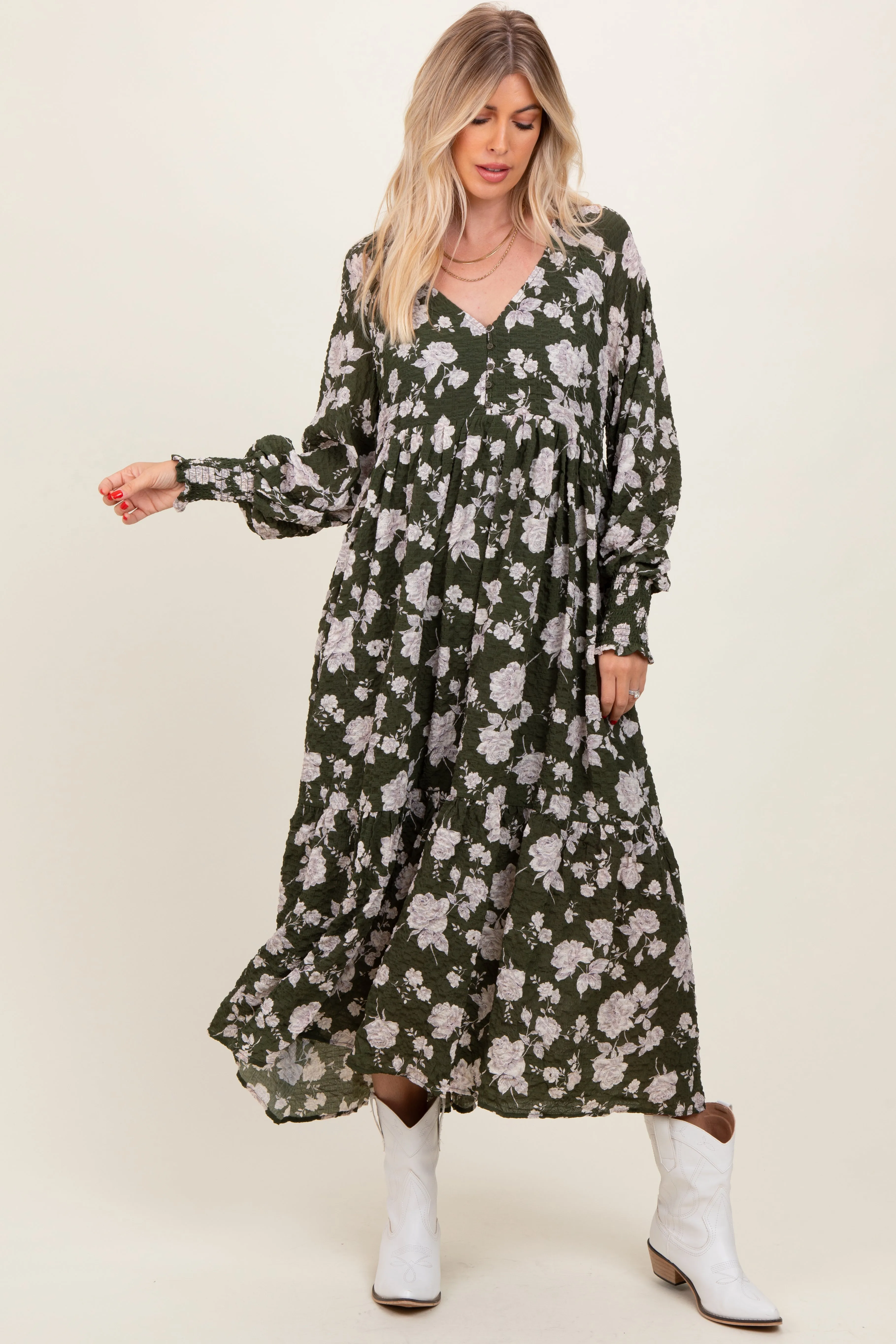 Olive Floral Textured Bubble Sleeve Maxi Dress sold by Pinkblush product image thumbnail 4