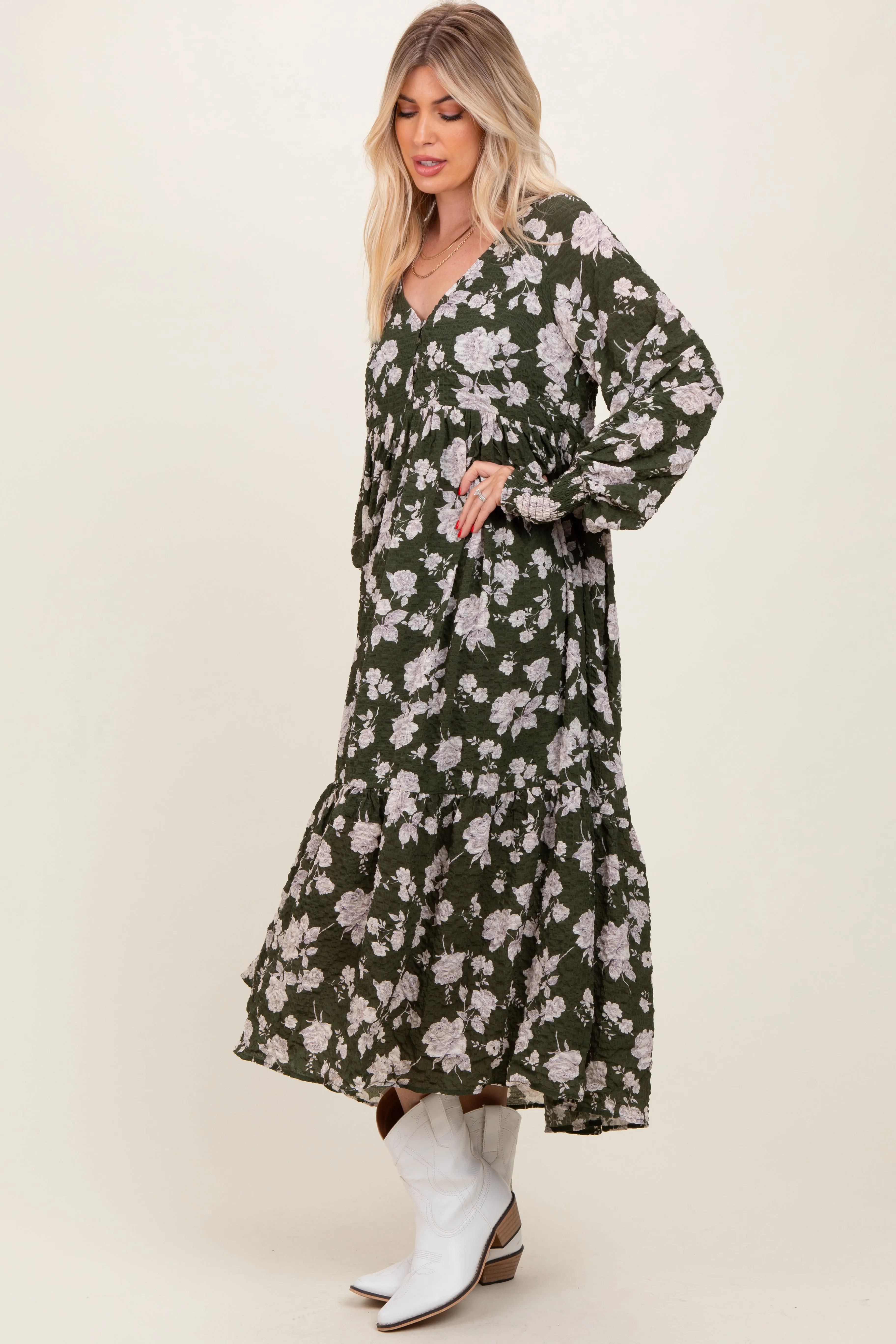 Olive Floral Textured Bubble Sleeve Maxi Dress sold by Pinkblush product image thumbnail 2