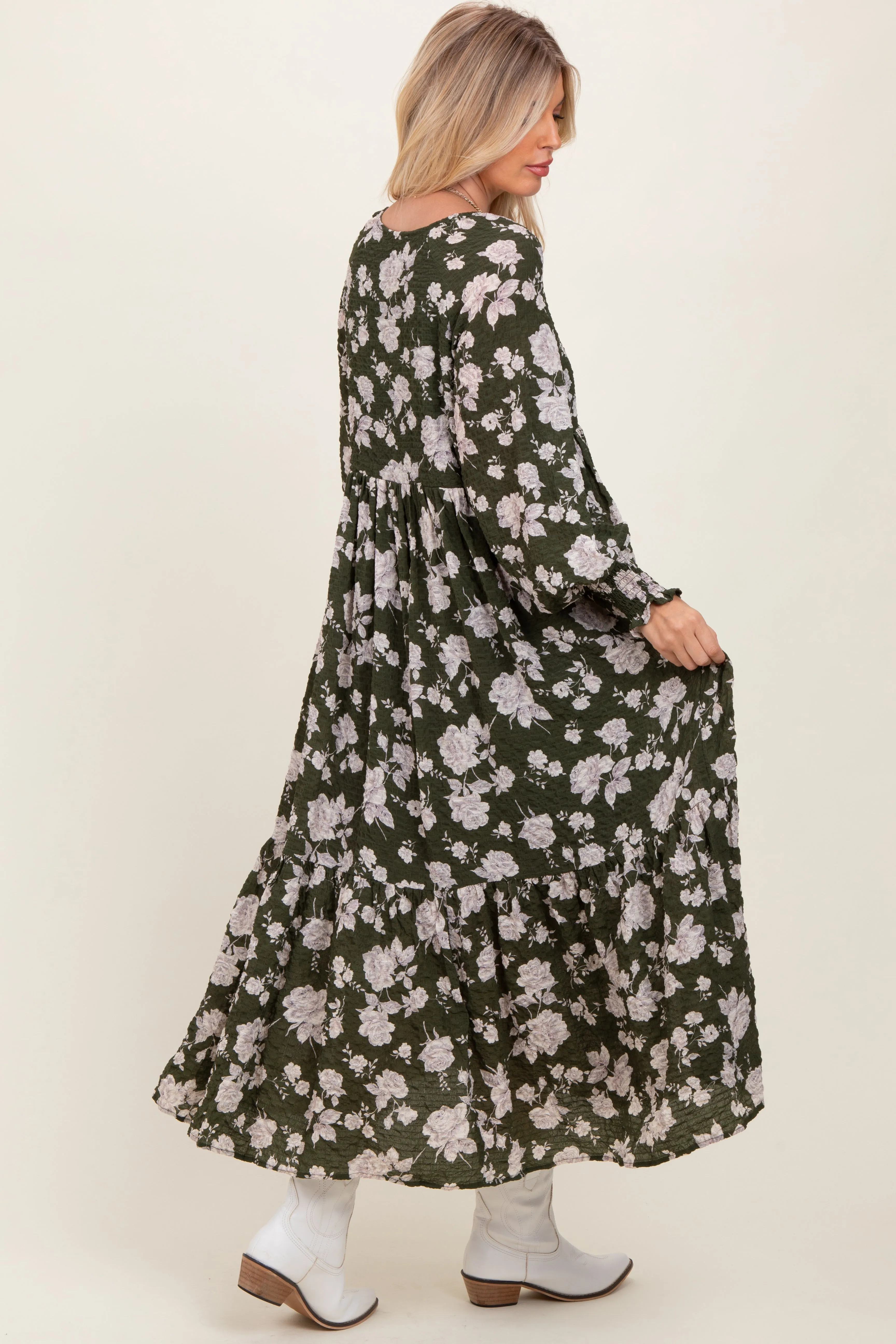 Olive Floral Textured Bubble Sleeve Maxi Dress sold by Pinkblush product image thumbnail 3