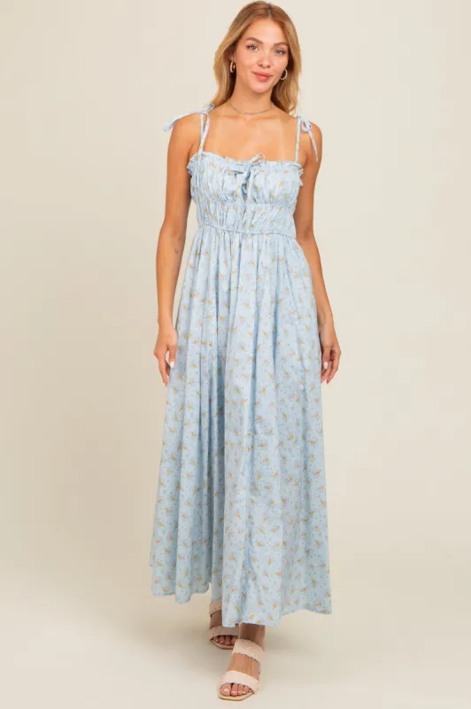 Light Blue Floral Ruched Bust Shoulder Tie Maxi Dress sold by Pinkblush