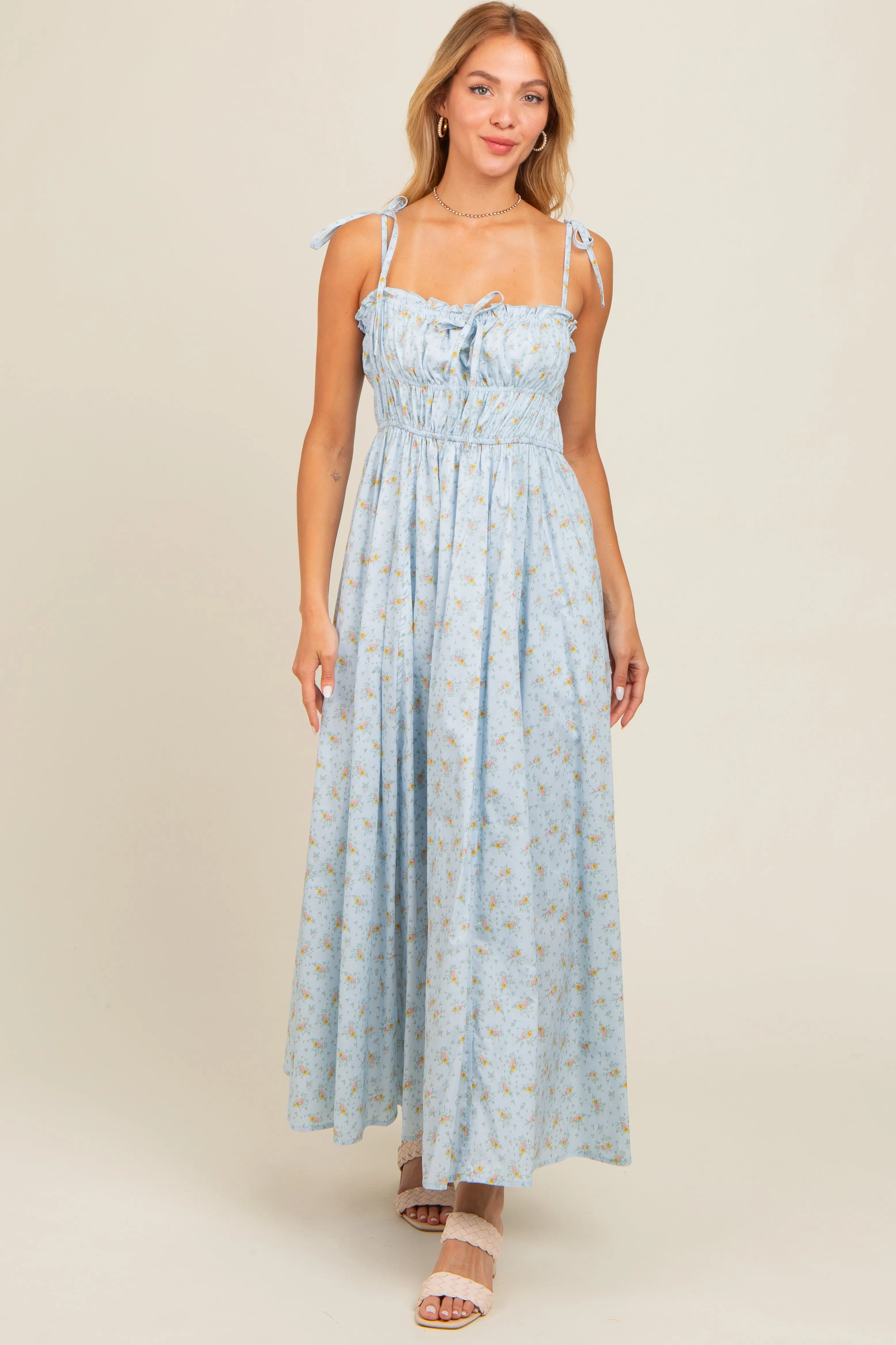 Light Blue Floral Ruched Bust Shoulder Tie Maxi Dress sold by Pinkblush