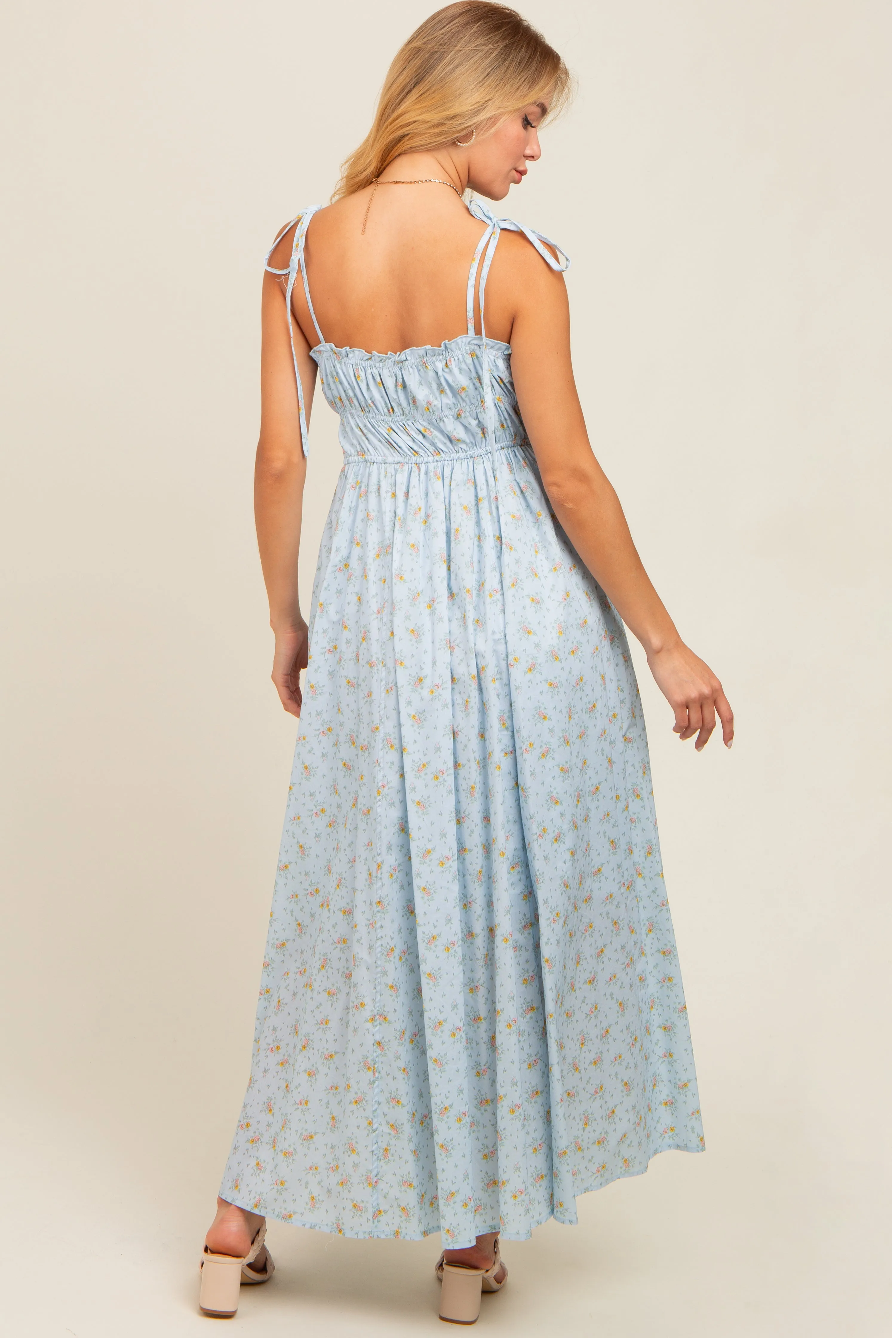Light Blue Floral Ruched Bust Shoulder Tie Maxi Dress sold by Pinkblush product image thumbnail 2