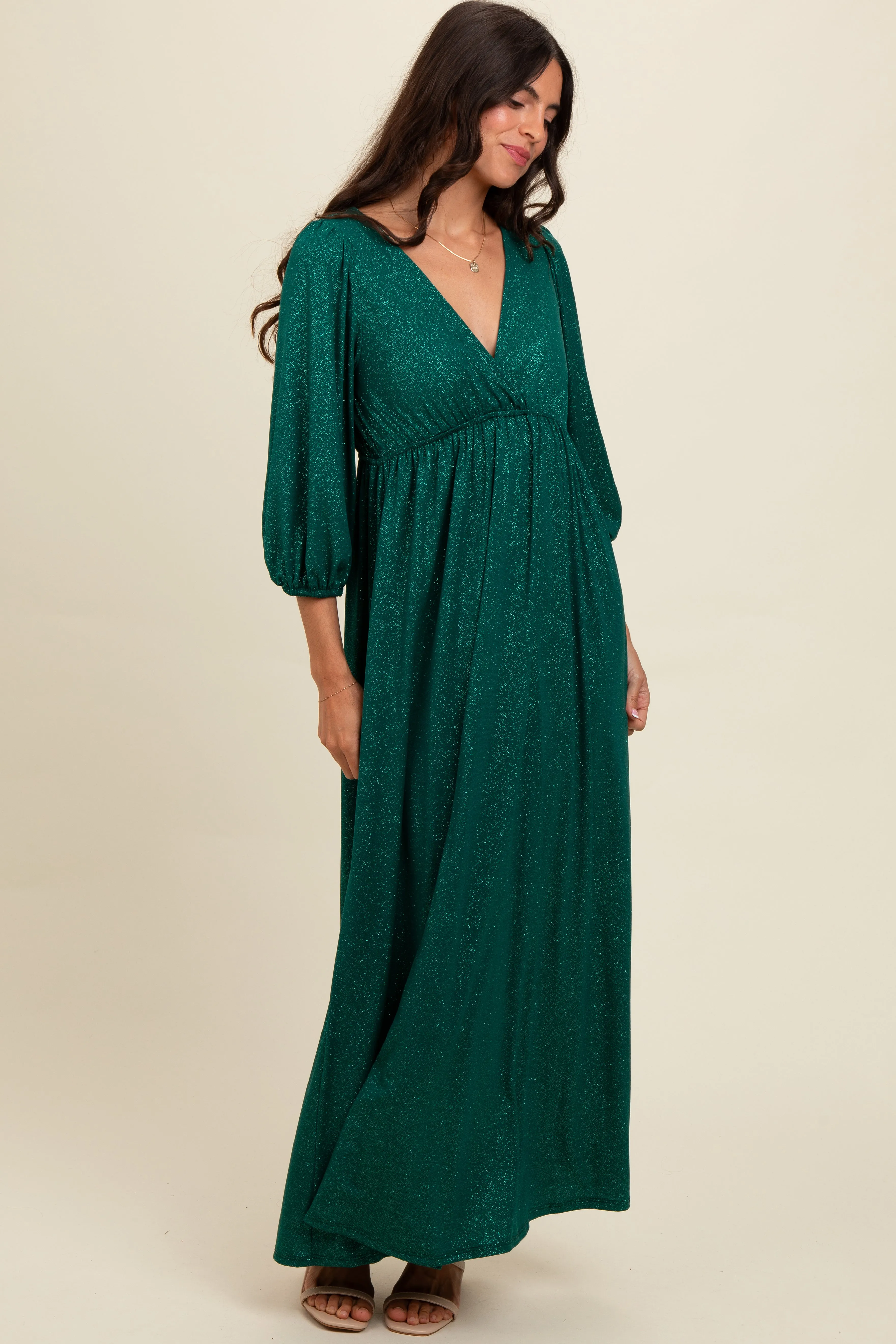 Forest Green Glitter V-Neck Maxi Dress sold by Pinkblush product image thumbnail 2