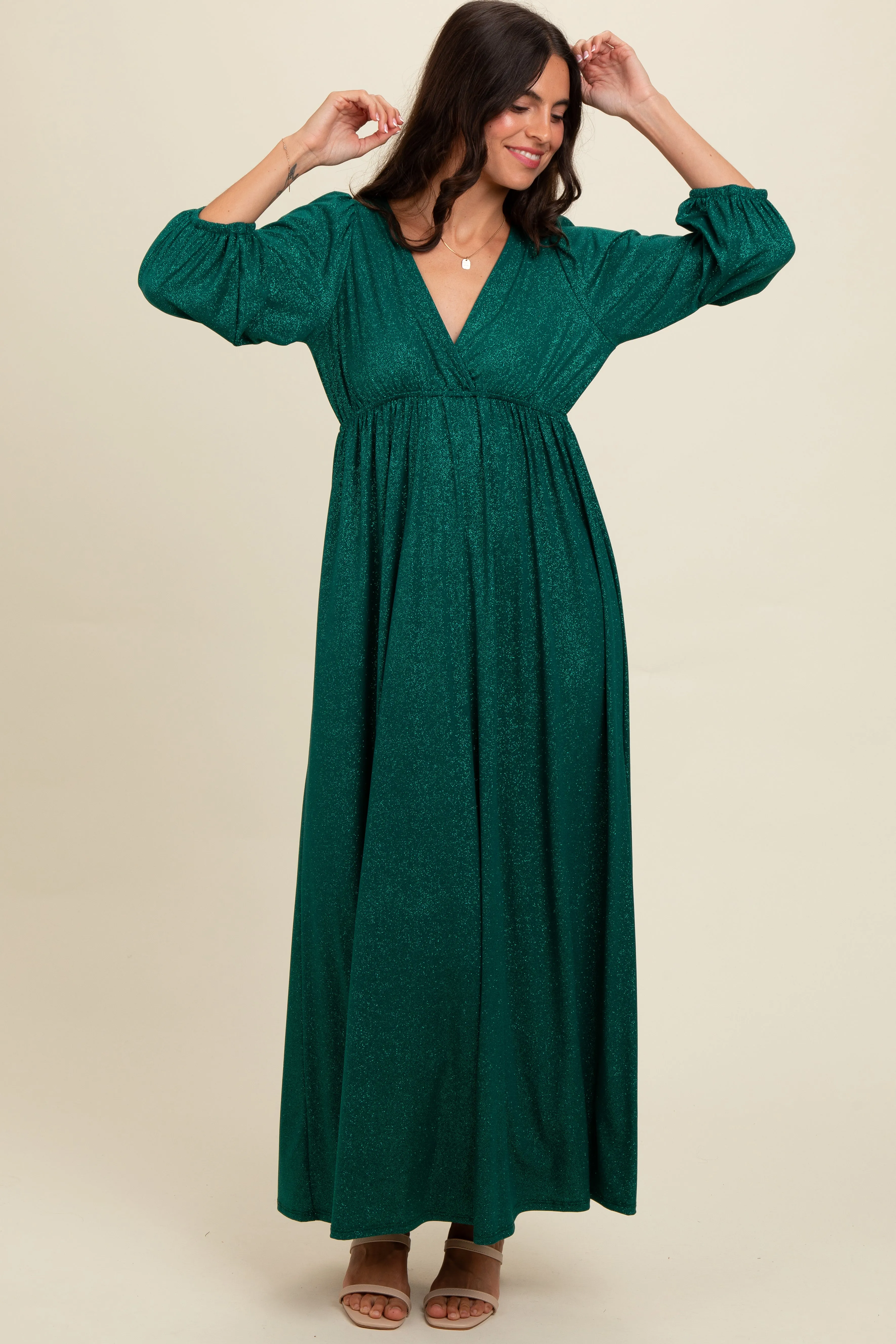 Forest Green Glitter V-Neck Maxi Dress sold by Pinkblush