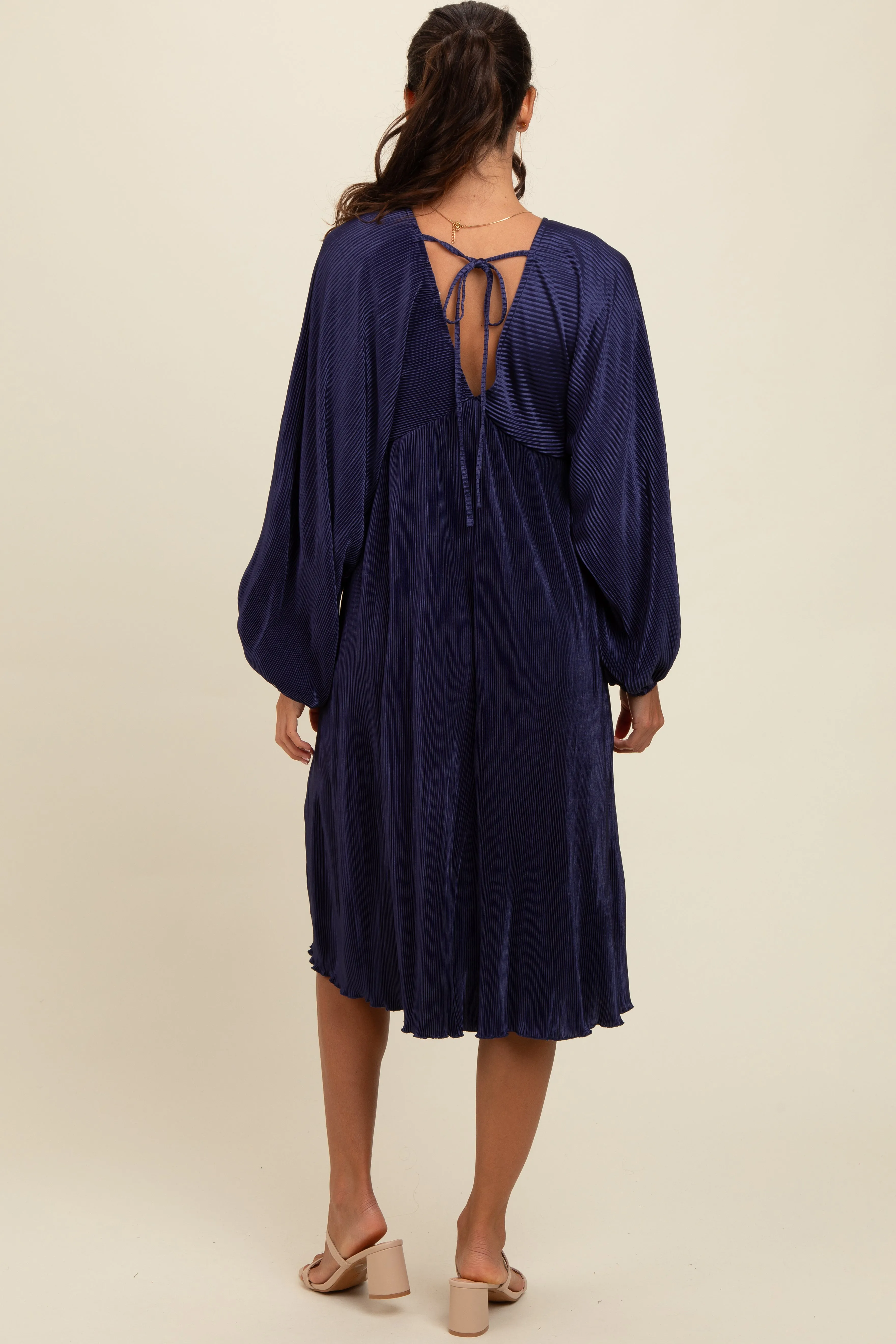 Navy Pleated Deep V-Neck Midi Dress sold by Pinkblush product image thumbnail 2