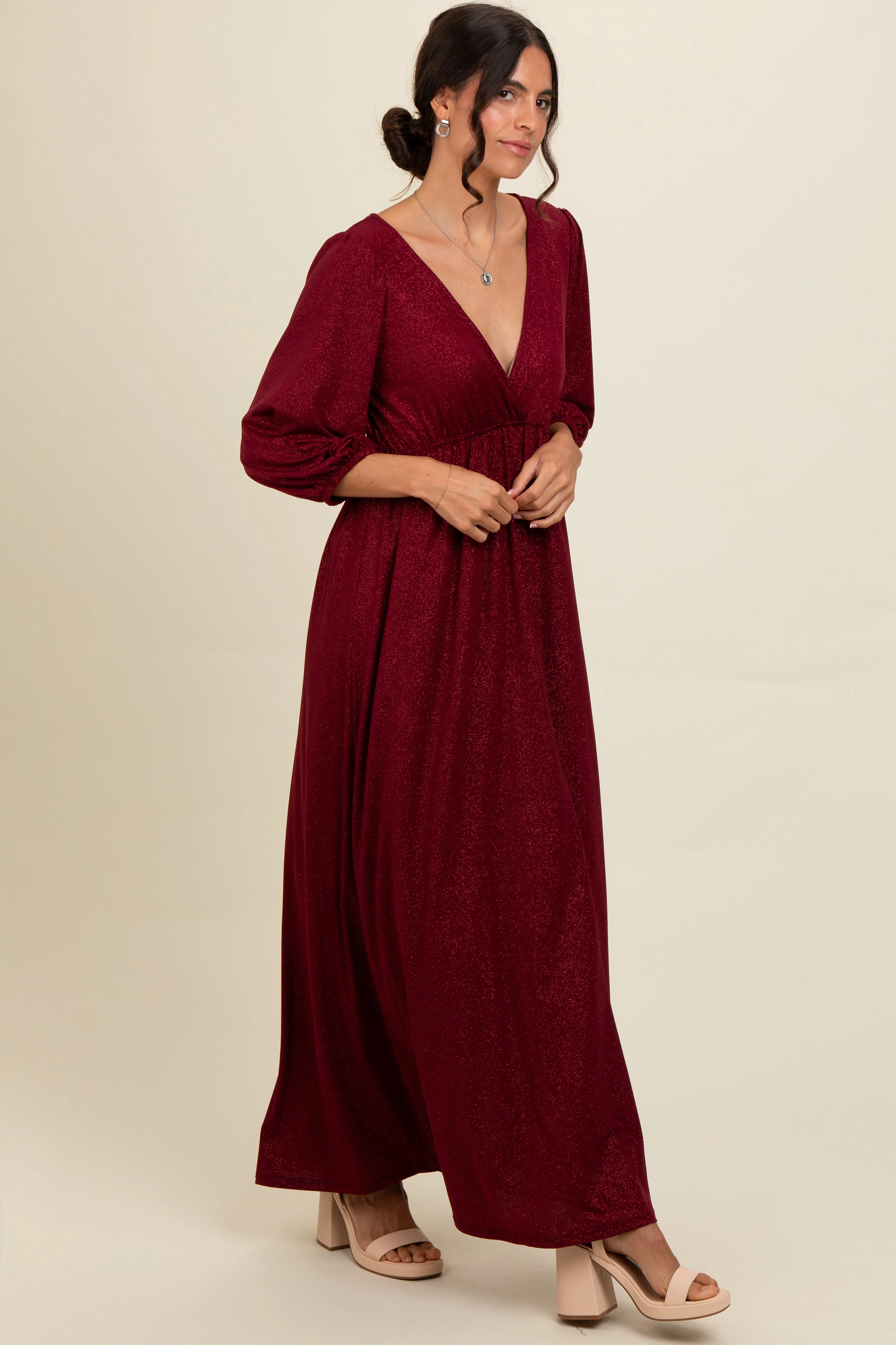 Burgundy Glitter V-Neck Maxi Dress sold by Pinkblush product image thumbnail 3