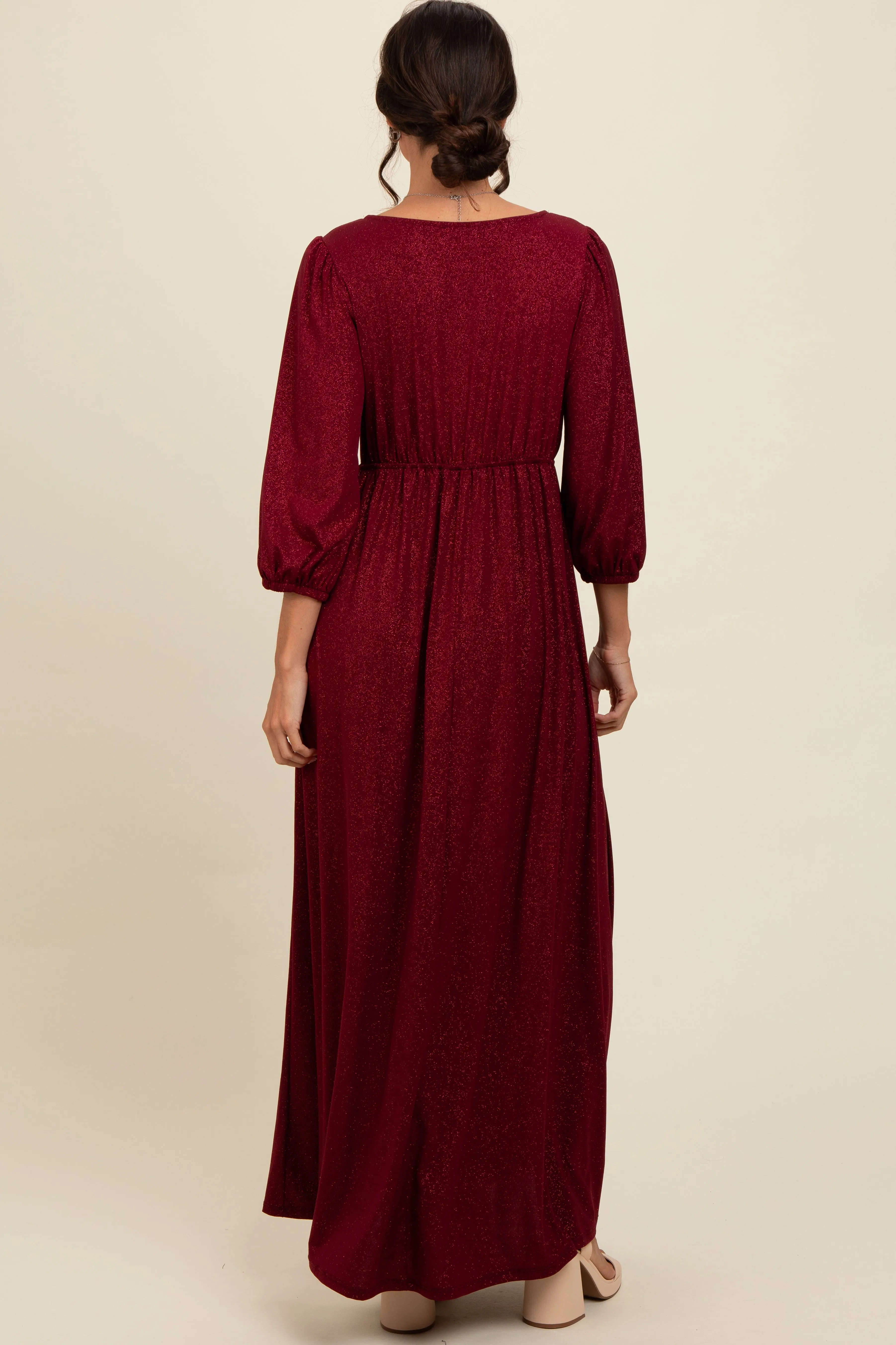 Burgundy Glitter V-Neck Maxi Dress sold by Pinkblush product image thumbnail 4