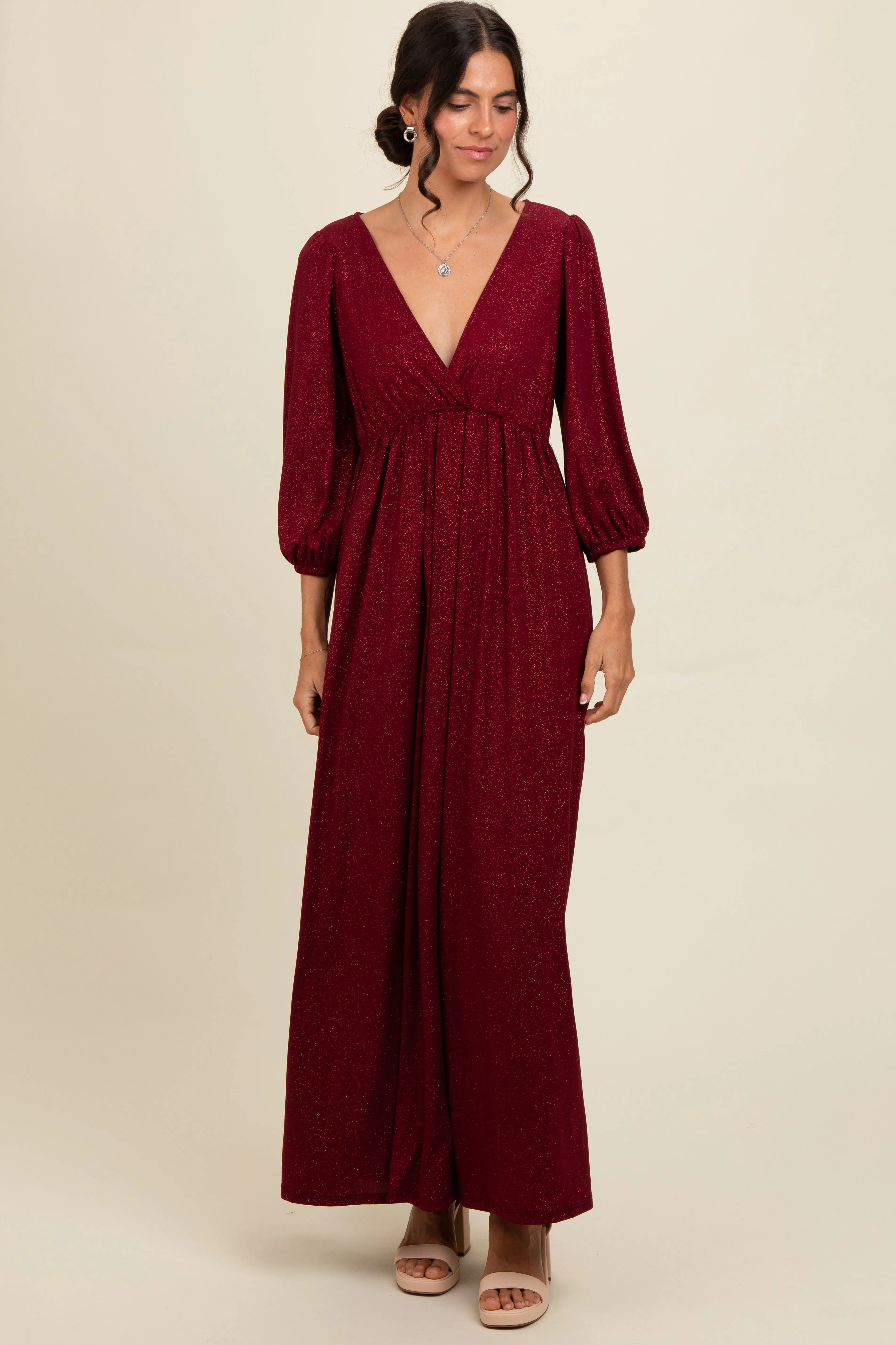 Burgundy Glitter V-Neck Maxi Dress sold by Pinkblush
