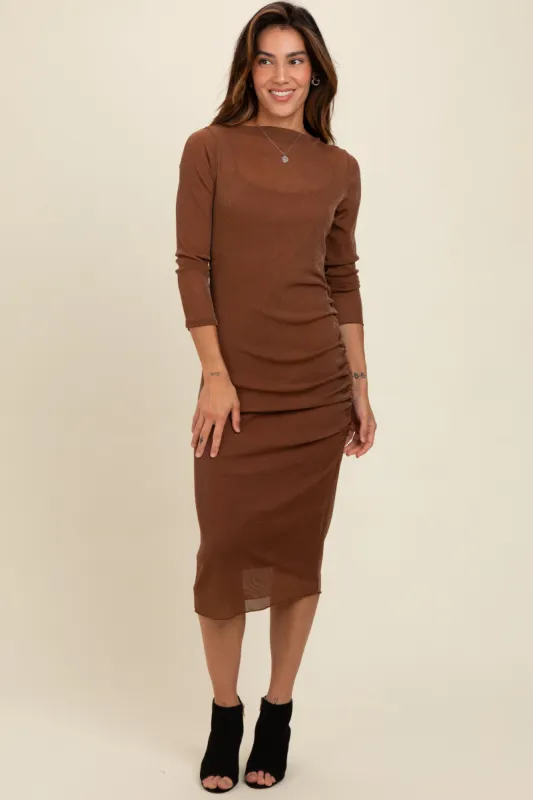 Brown Shimmer Mesh Long Sleeve Ruched Midi Dress sold by Pinkblush