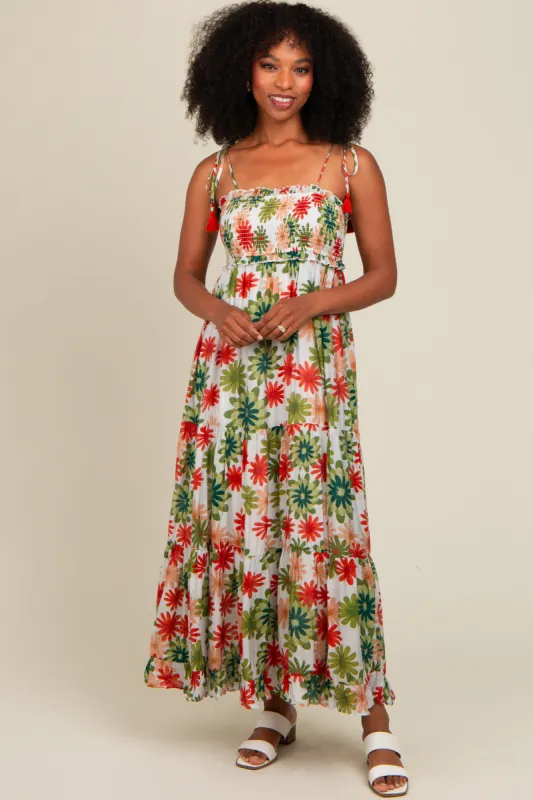 Green Floral Smocked Shoulder Tie Maxi Dress sold by Pinkblush
