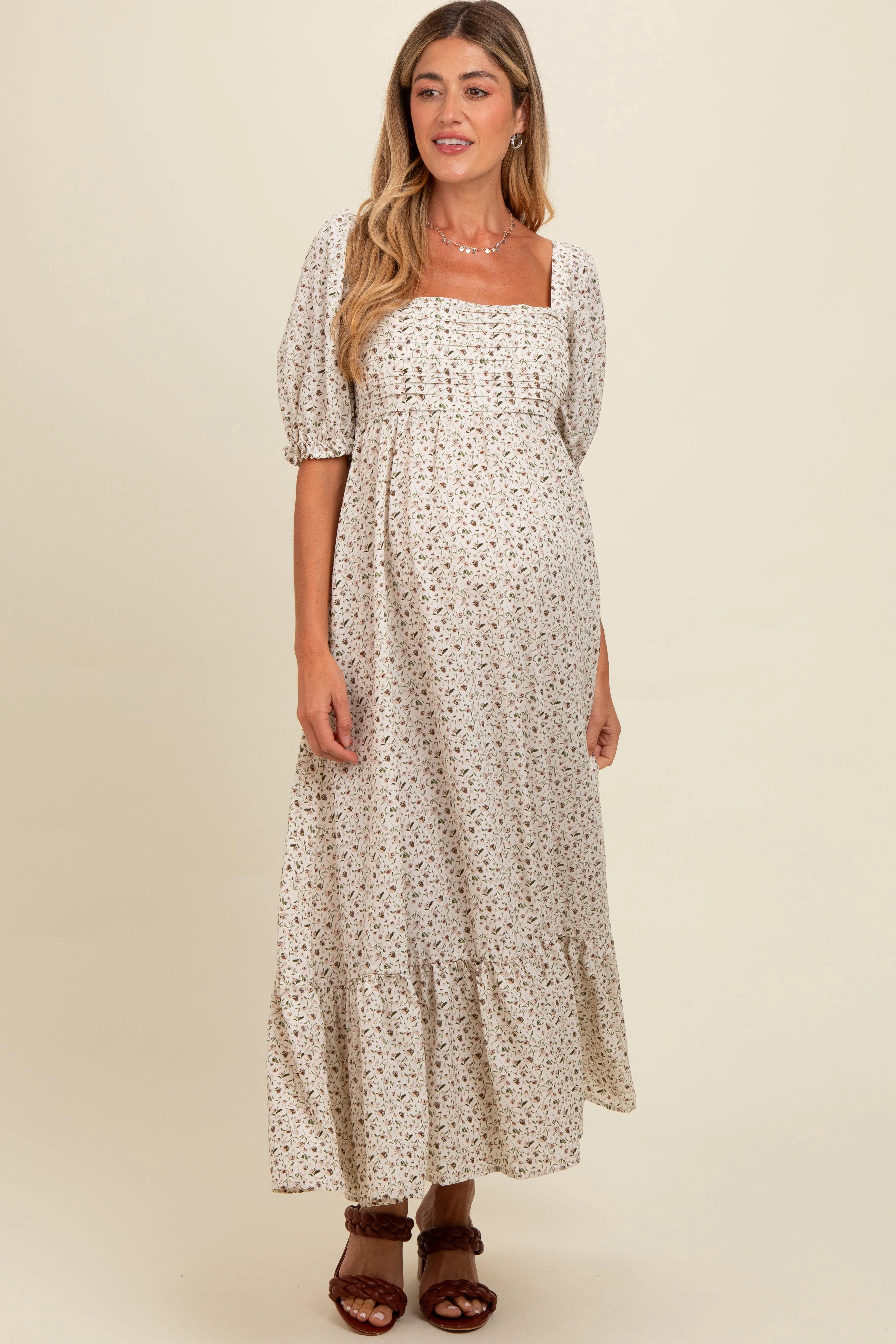Ivory Floral Pleated Bodice Maternity Maxi Dress sold by Pinkblush