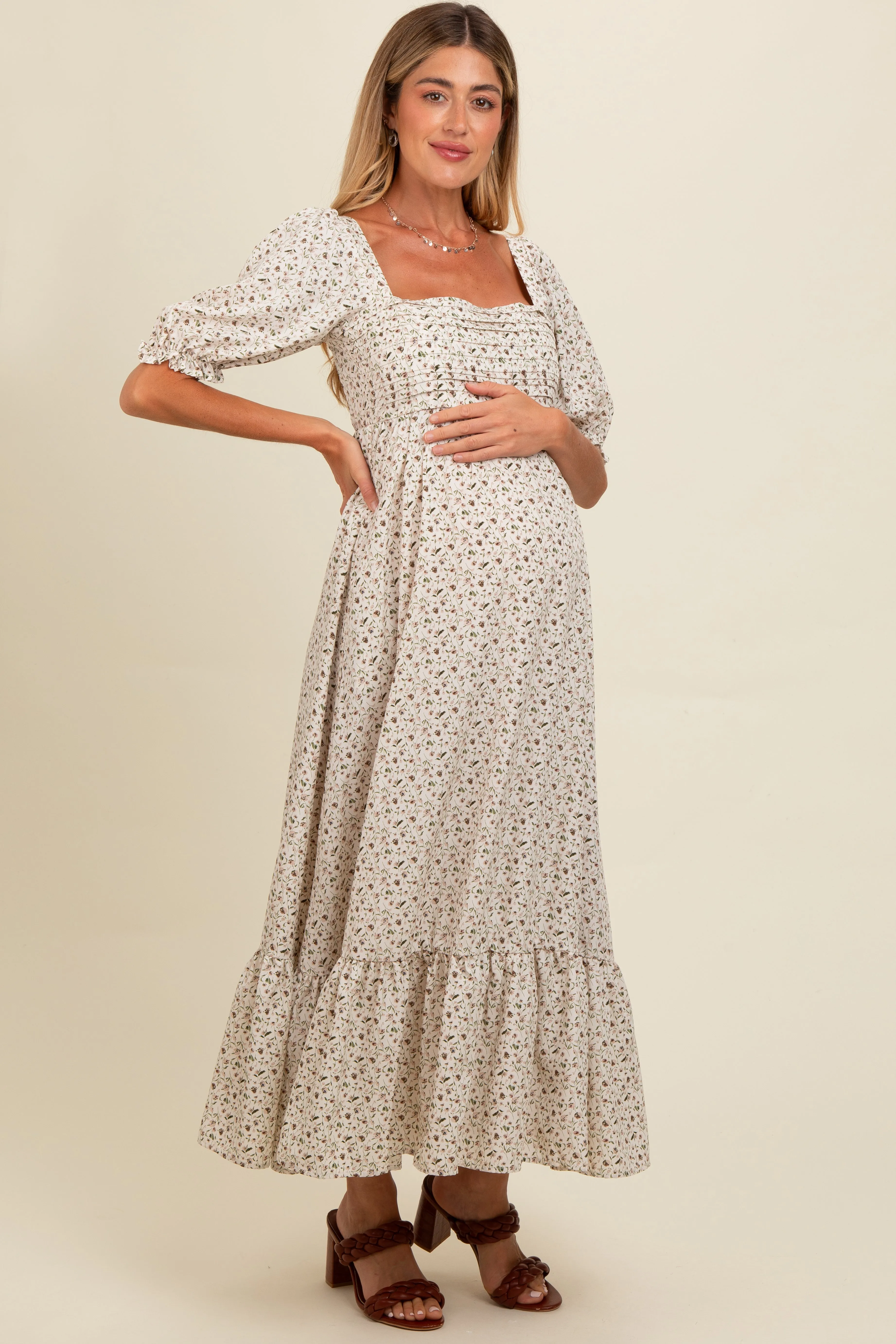Ivory Floral Pleated Bodice Maternity Maxi Dress sold by Pinkblush product image thumbnail 3