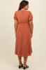 Rust Smocked V-Neck Puff Sleeve Maternity Midi Dress sold by Pinkblush