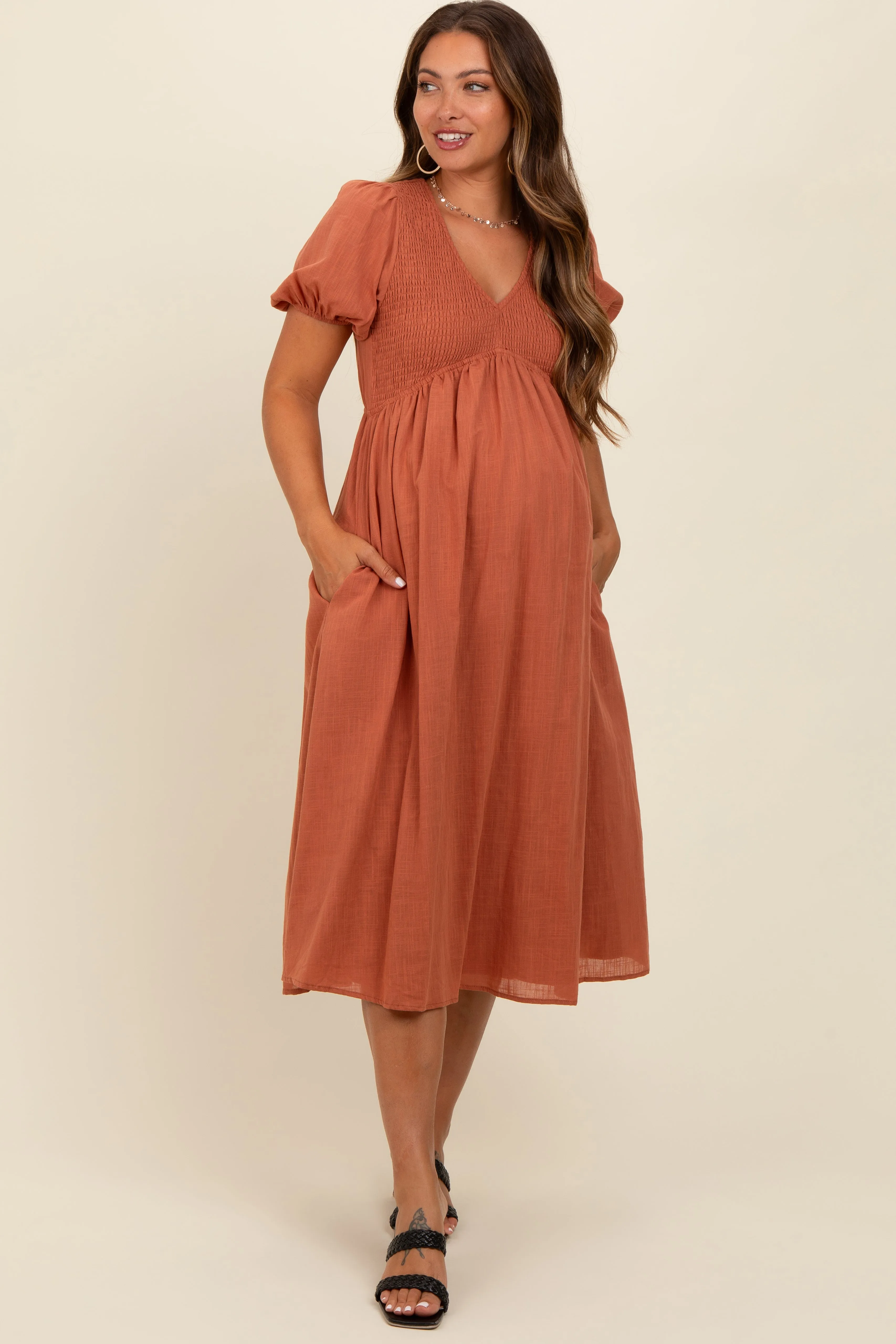 Rust Smocked V-Neck Puff Sleeve Maternity Midi Dress sold by Pinkblush product image thumbnail 4