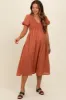 Rust Smocked V-Neck Puff Sleeve Maternity Midi Dress sold by Pinkblush