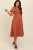 Rust Smocked V-Neck Puff Sleeve Maternity Midi Dress sold by Pinkblush