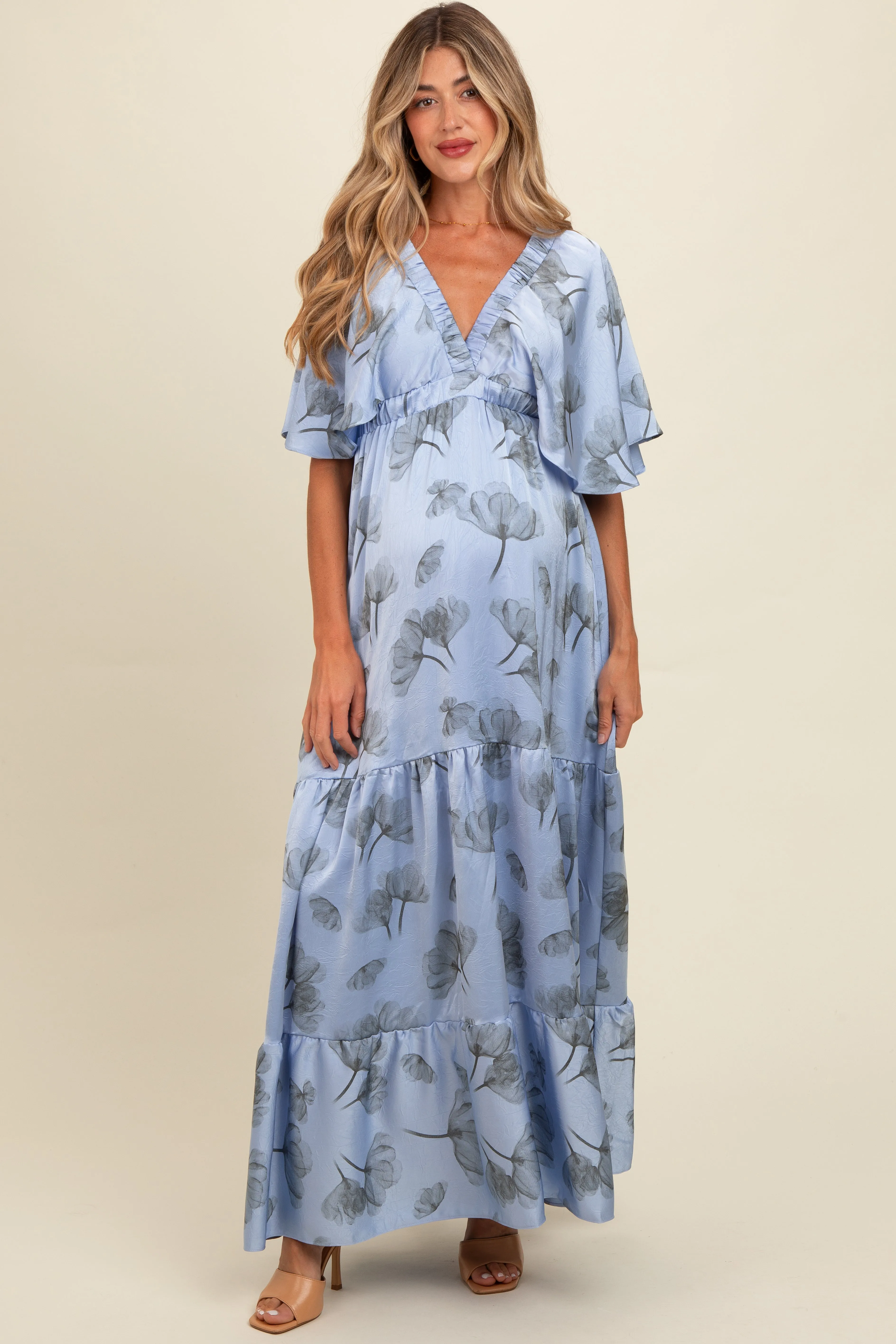 Light Blue Floral Deep V-Neck Maternity Maxi Dress sold by Pinkblush