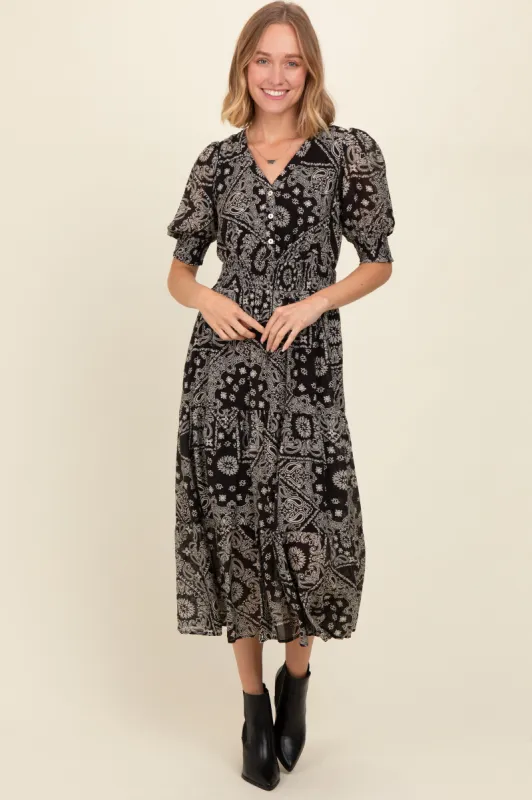 Black Paisley Button Front V-Neck Tiered Midi Dress sold by Pinkblush