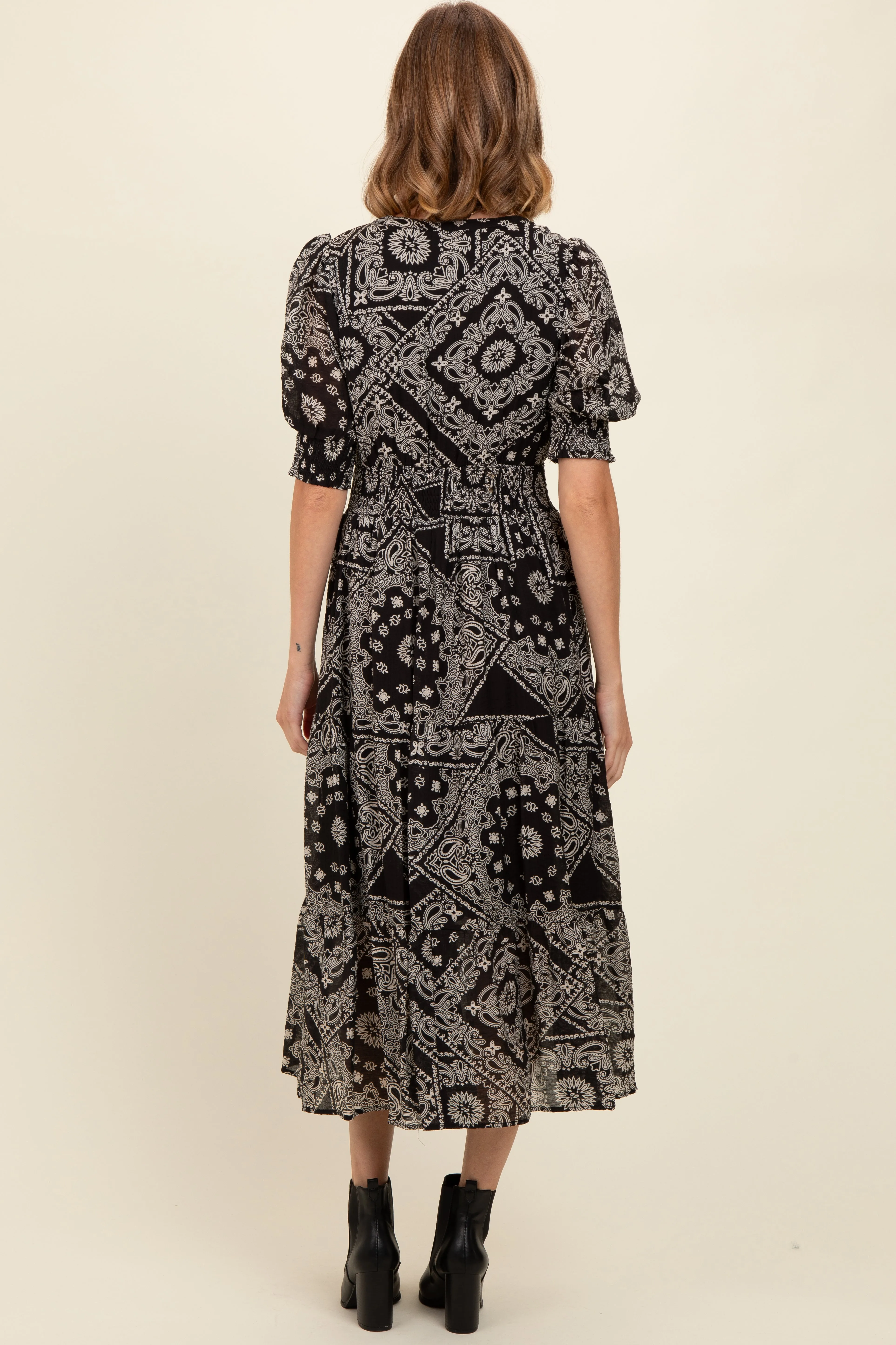 Black Paisley Button Front V-Neck Tiered Midi Dress sold by Pinkblush product image thumbnail 3
