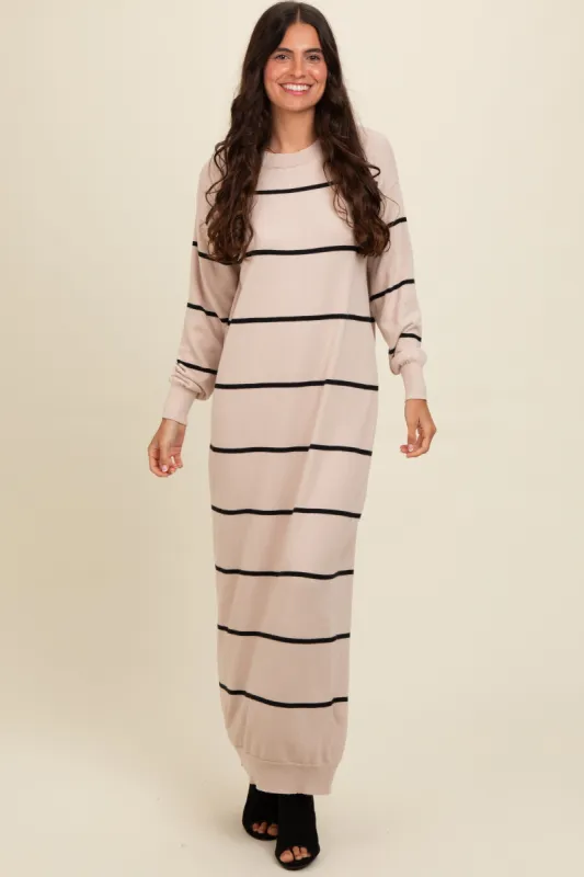 Beige Striped Knit Drop Shoulder Midi Dress sold by Pinkblush