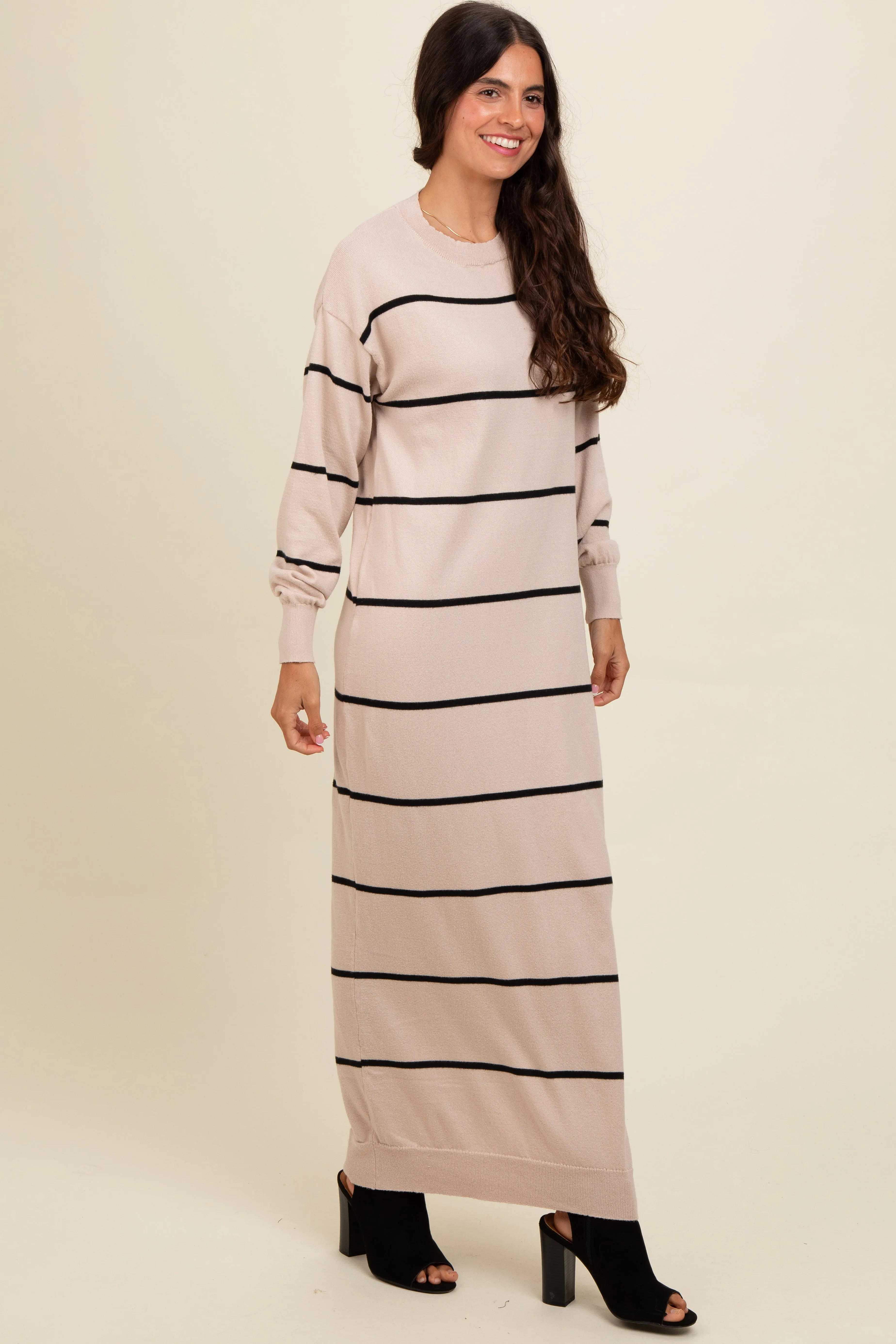 Beige Striped Knit Drop Shoulder Midi Dress sold by Pinkblush product image thumbnail 2